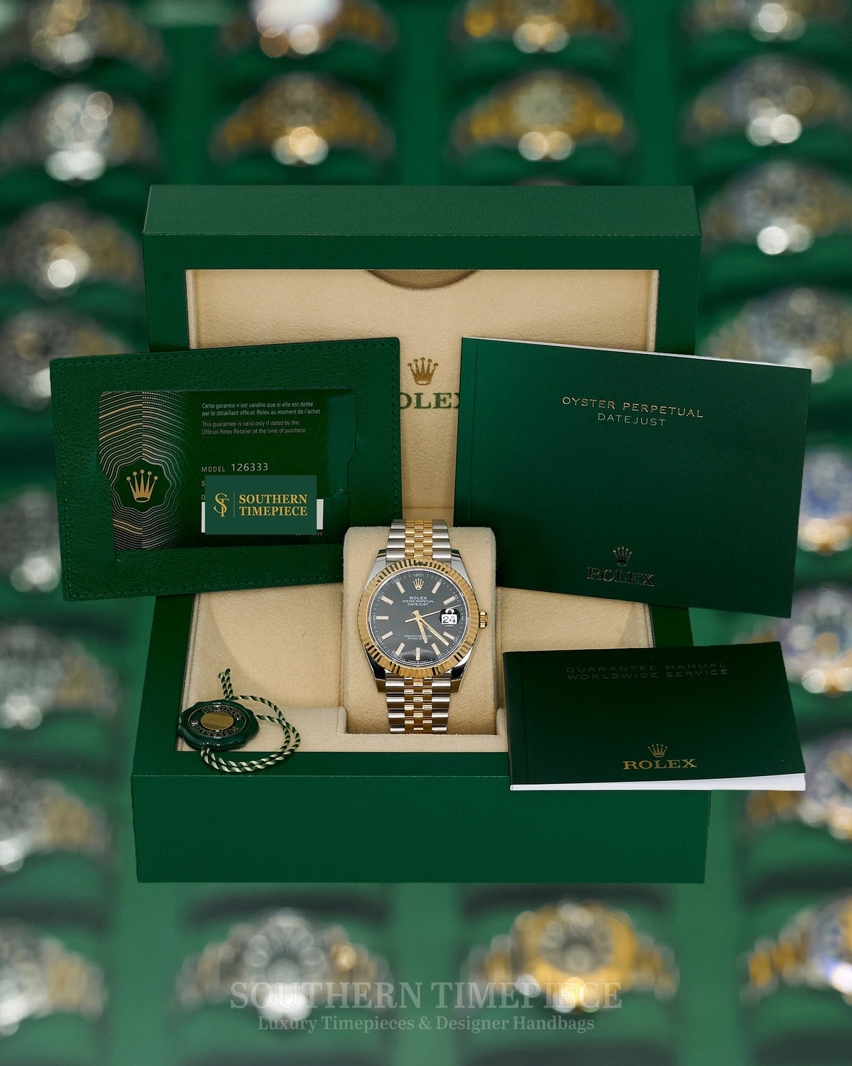 41mm Rolex Datejust with Black Stick Dial in 18kt Yellow Gold and Stainless on Jubilee (Ref: 126333)(Year: 2021)(Box & Papers)