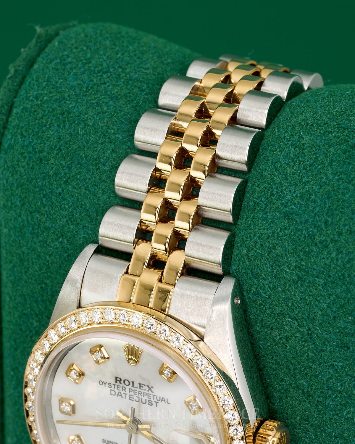 31mm Rolex Datejust with Custom Mother of Pearl Diamond Dial and Diamond Bezel in 18kt Yellow Gold and Stainless on Jubilee (Ref: 68273)(Year: 1989)