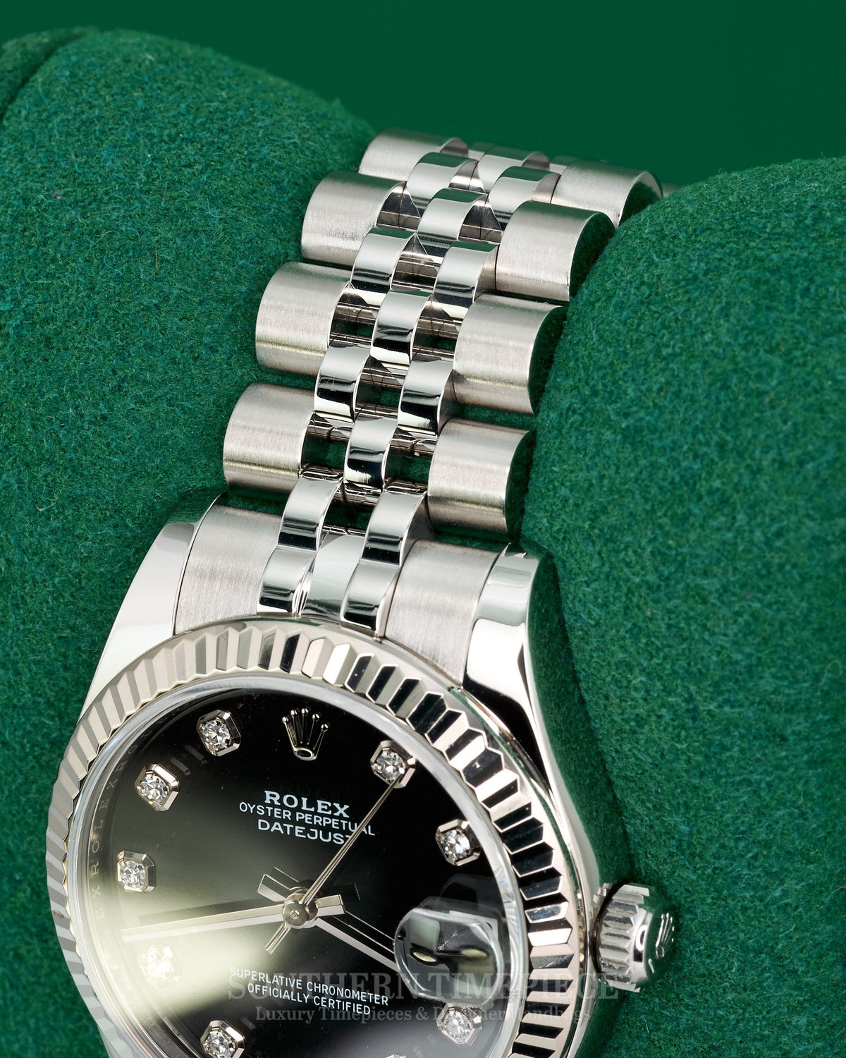 31mm Rolex Datejust with Factory Black Diamond Dial in 18kt White Gold & Oystersteel on Jubilee (Ref: 178274)(Year: 2019)(Box & Papers)