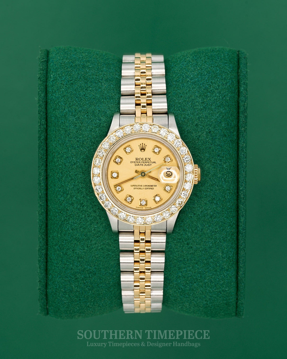 26mm Rolex Datejust with Custom Champagne Diamond Dial and Diamond Bezel in 18kt Yellow Gold and Stainless (Ref: 69173)(Year: 1991)