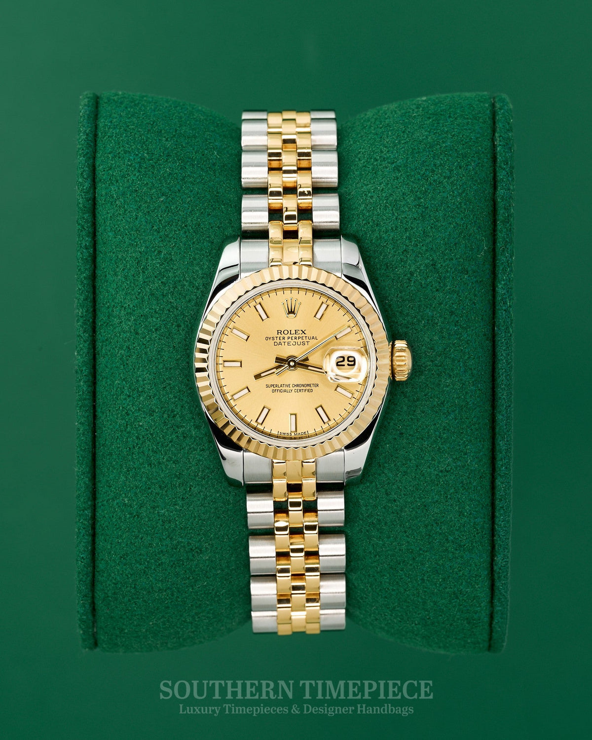 26mm Rolex Datejust in 18kt Yellow Gold and Stainless with Champagne Stick Dial on Jubilee (Ref: 179173)(Year: 2006)(Box & Papers)