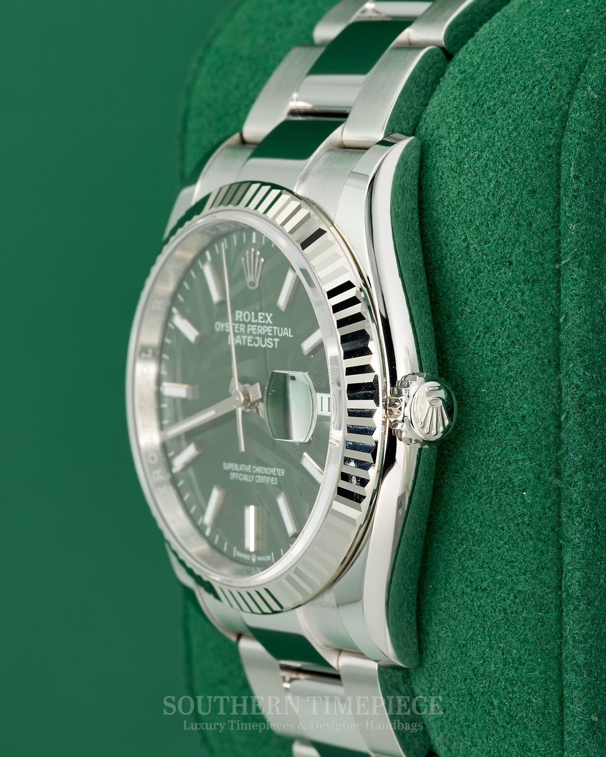 Brand New 2023 36mm Rolex Datejust with Rare Palm Dial in 18kt White Gold and Oystersteel on Oyster (Ref: 126234)(Year: 2023)(Box & Papers)