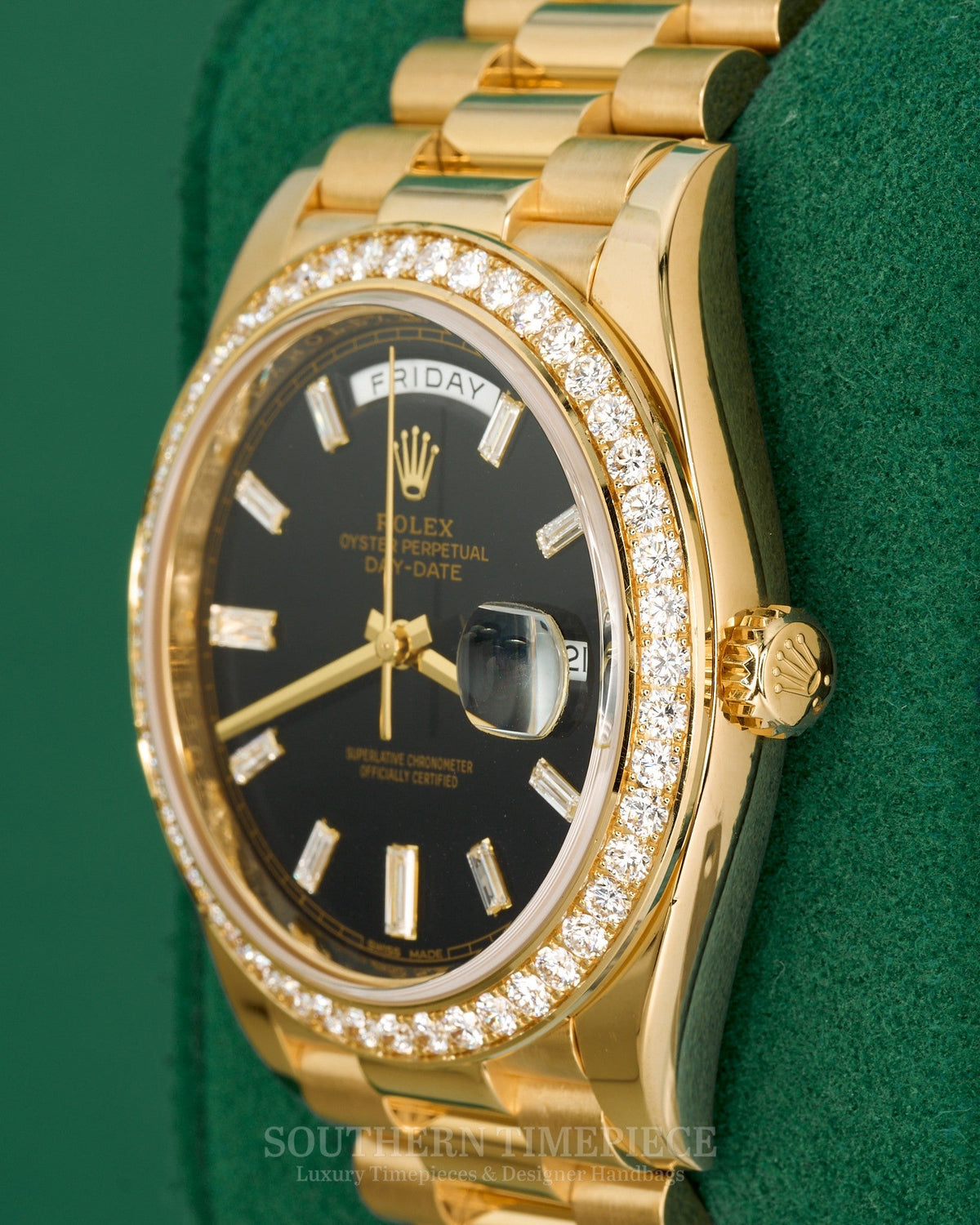 40mm Rolex Day-Date "President" with Factory Black Baguette Diamond Dial and Diamond Bezel in Solid 18kt Yellow Gold (Ref: 228348RBR)(Year: 2019)(B&P)