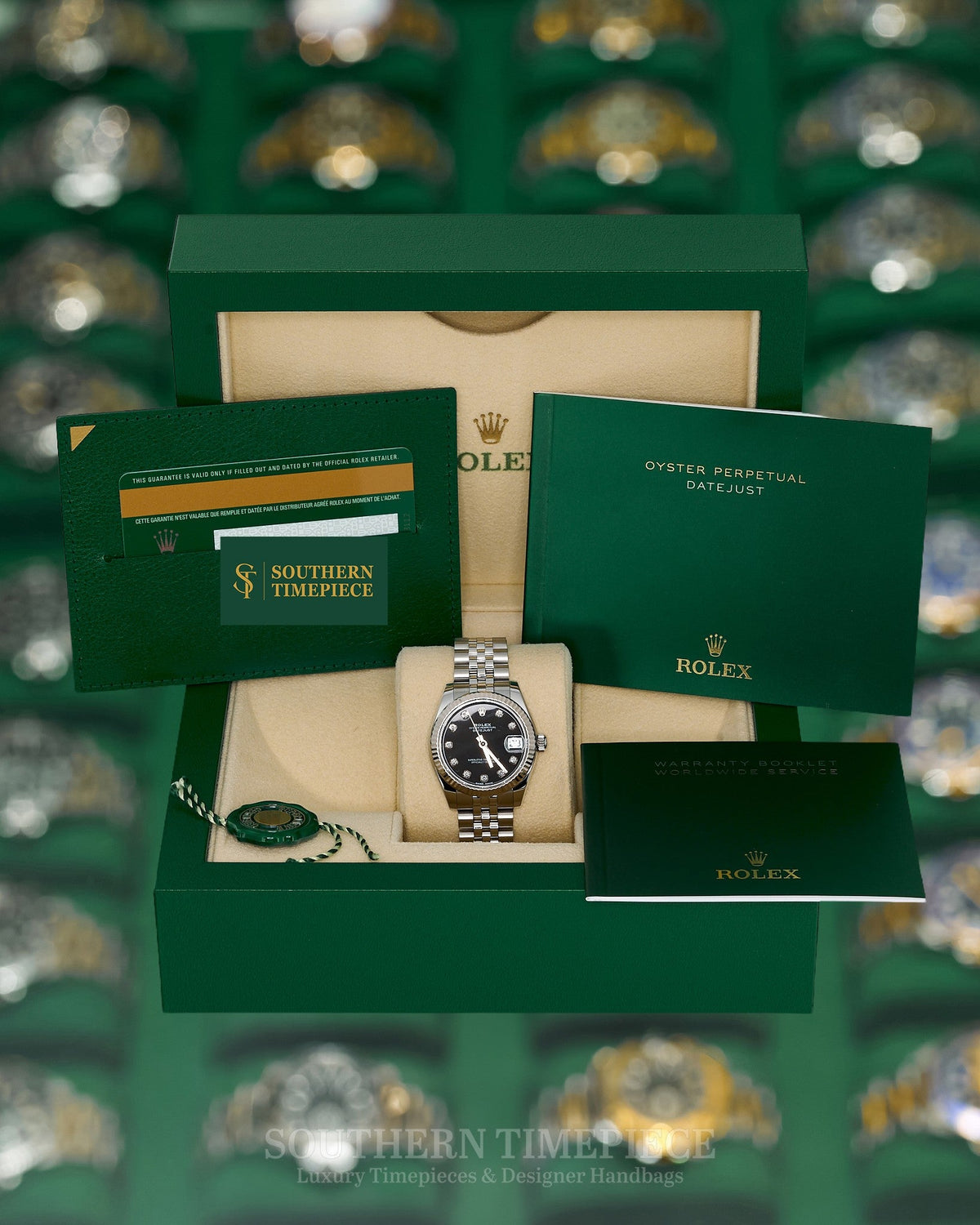31mm Rolex Datejust with Factory Black Diamond Dial in 18kt White Gold & Oystersteel on Jubilee (Ref: 178274)(Year: 2019)(Box & Papers)