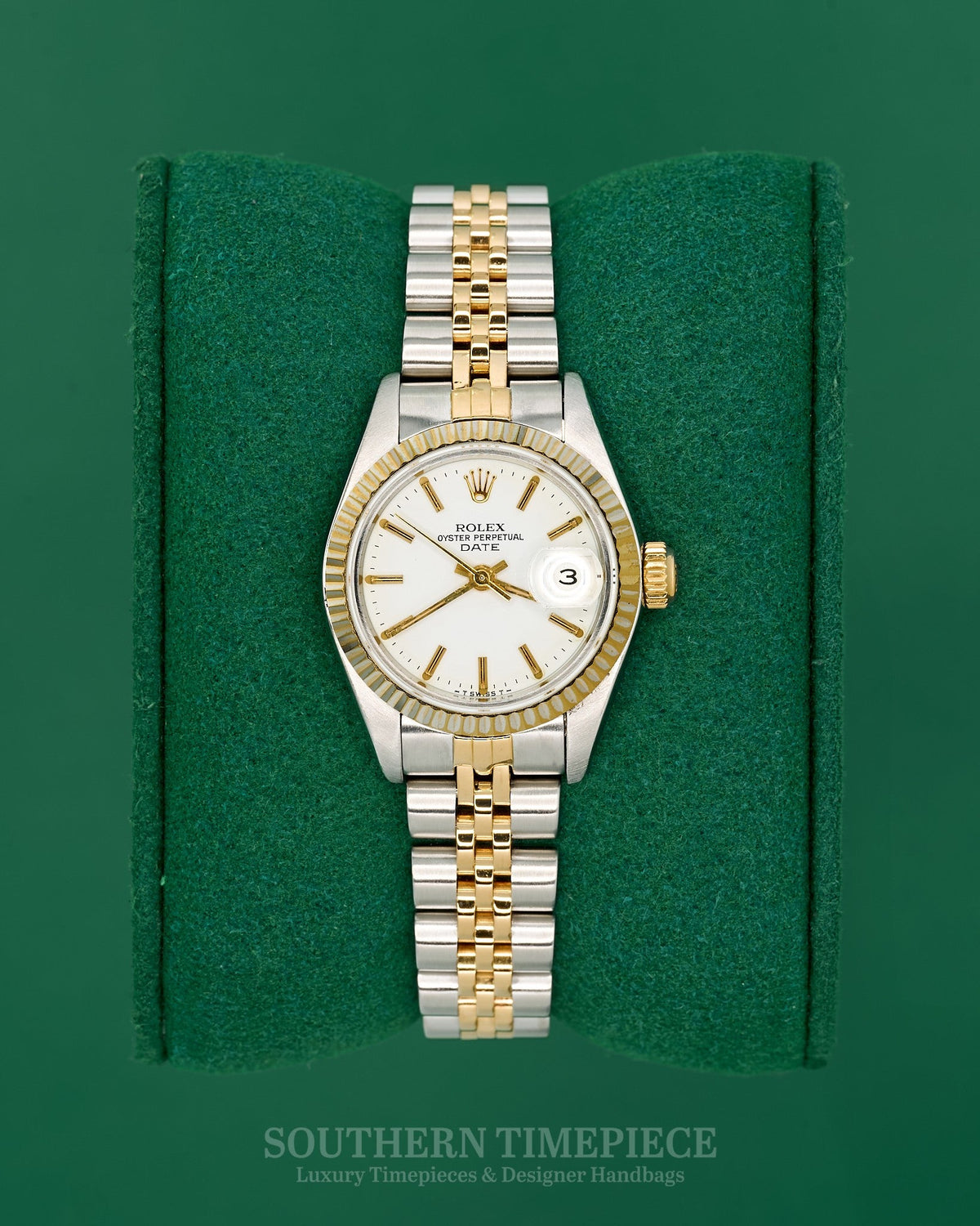 26mm Rolex Datejust with White Stick Dial in 18kt Yellow Gold and Stainless on Jubilee (Ref: 69173)(Year: 1985)