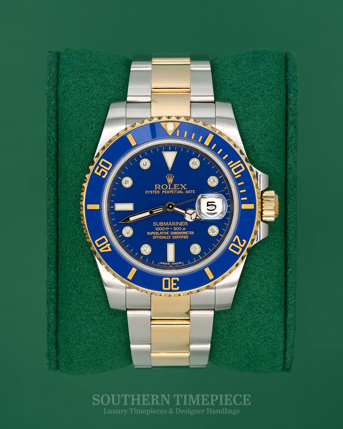 40mm Rolex Submariner Date "Bluesy" with Rare Flat Blue Serti Diamond Dial in 18kt Yellow Gold & Steel (Ref: 116613LB)(Year: 2009)(Box & Appraisal)