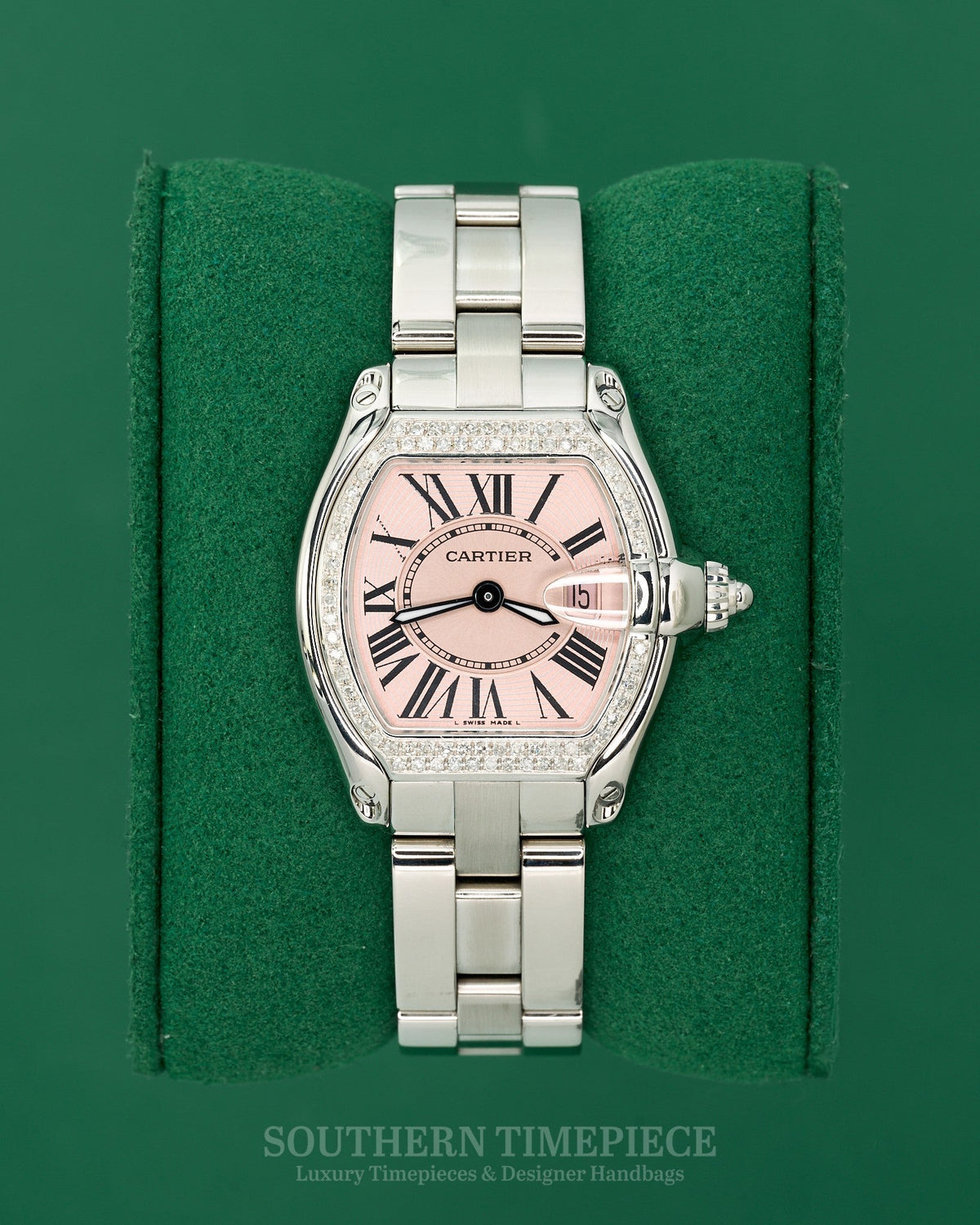 32mm Cartier Roadster with Pink Roman Dial in Stainless Steel with Custom Diamonds (Ref: W62017V3)(Year: 2000's-2010's) (7030197)