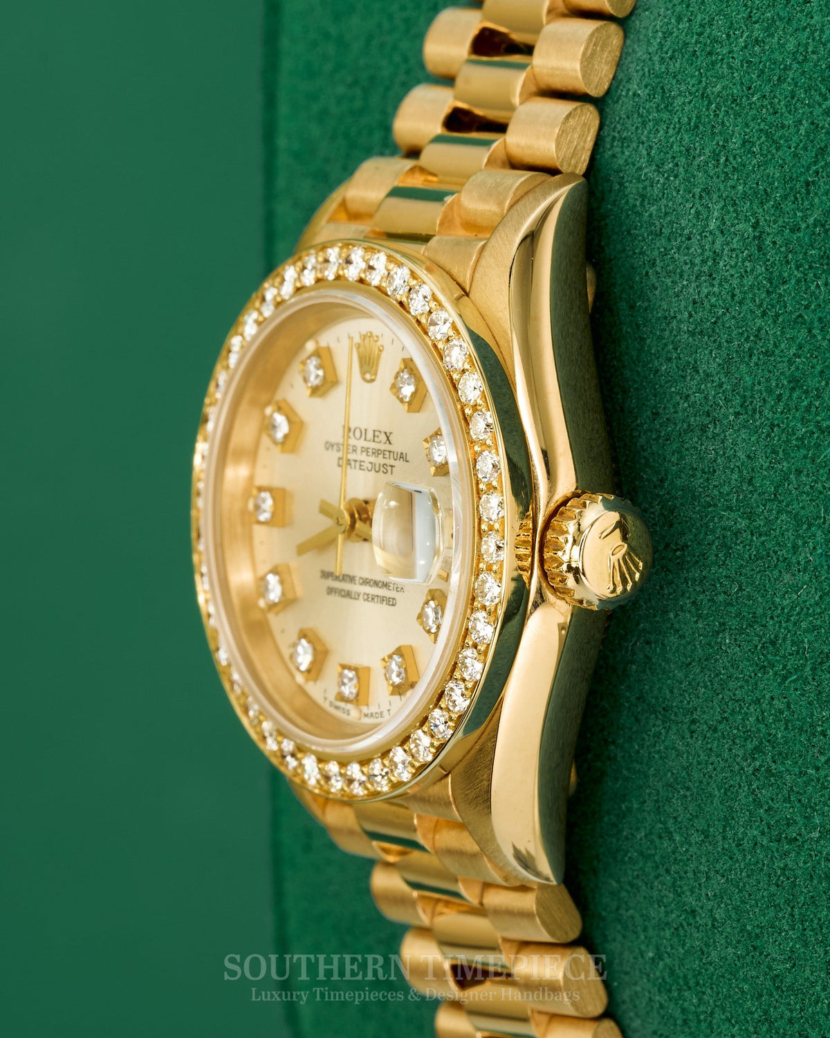 26mm Rolex Datejust "President" with Factory Red Vignette Diamond Dial and Diamond Bezel in Solid 18kt Yellow Gold (Ref: 69258)(Year: 1988)