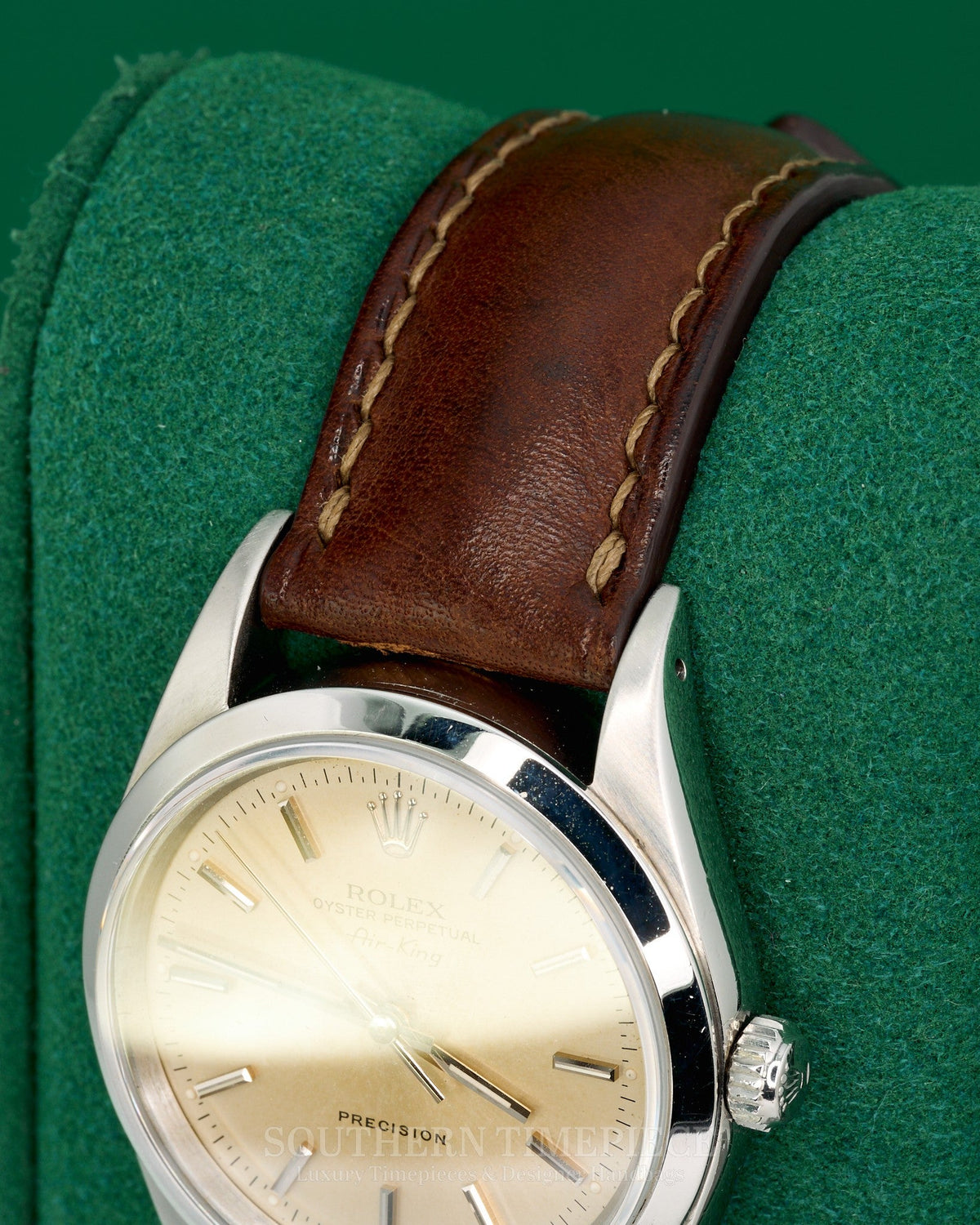 34mm Rolex Air-King with Silver Stick Dial in Stainless Steel on Brown Leather (Ref: 14000)(Year: 1991)