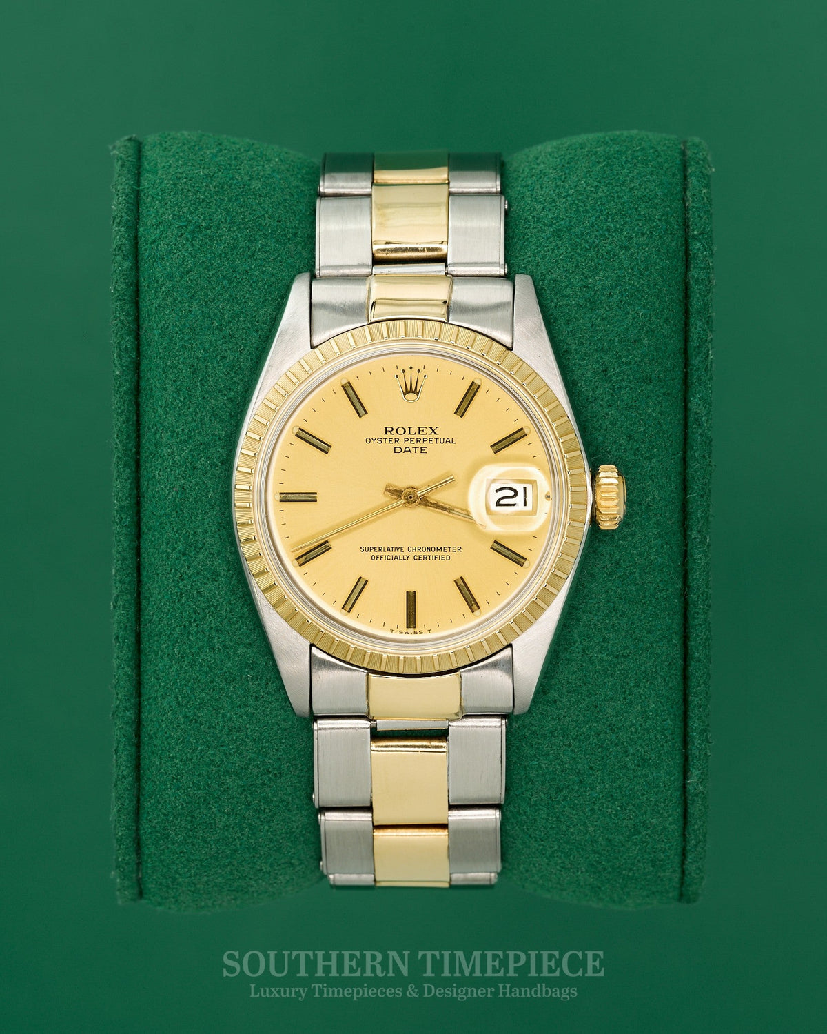 34mm Rolex Date with Champagne Stick Dial in 14kt Yellow Gold and Stainless on Oyster (Ref: 1501)(Year: 1969)