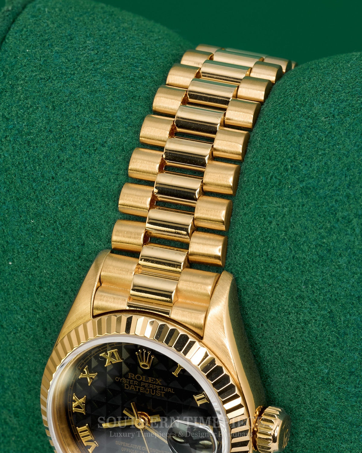 26mm Rolex Datejust "President" with Rare Black Pyramid Dial in Solid 18kt Yellow Gold (Ref: 69178)(Year: 1992)(Box & Papers)