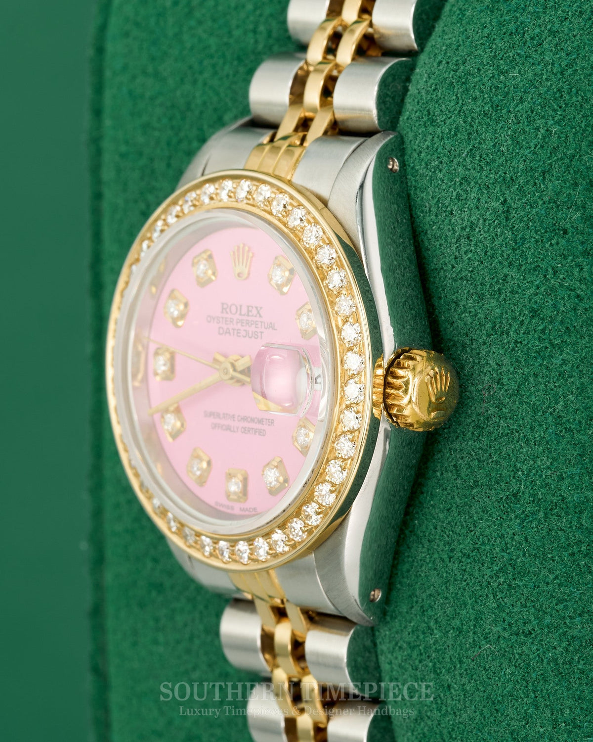 26mm Rolex Datejust with Custom Barbie Pink Diamond Dial and Diamond Bezel in 18kt Yellow Gold and Stainless (Ref: 69173)(Year: 1984)