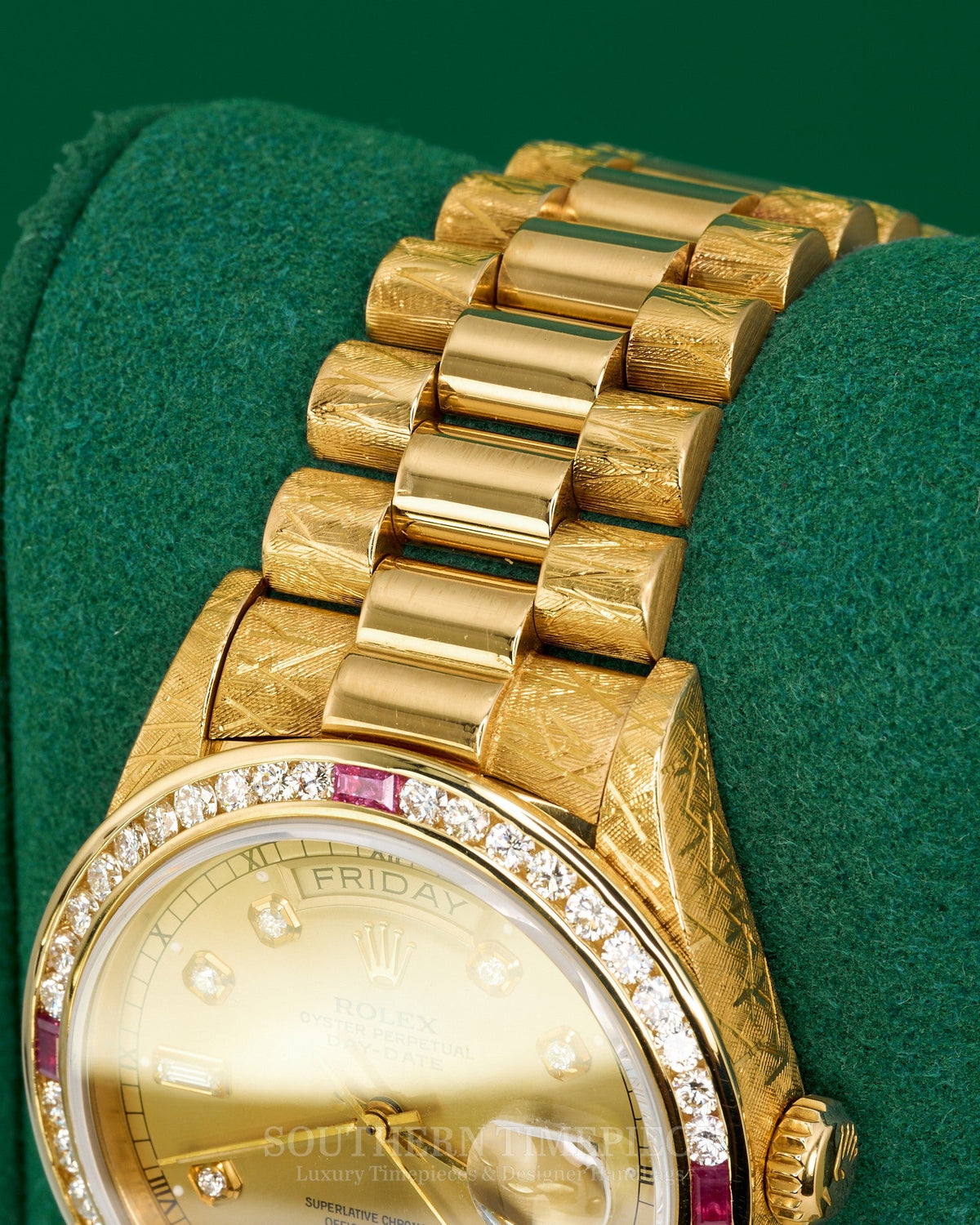 36mm Rolex Day-Date "President" with a Custom Champagne Diamond Dial and Diamond/Ruby Bezel in Solid 18kt Yellow Gold with Florentine Finish