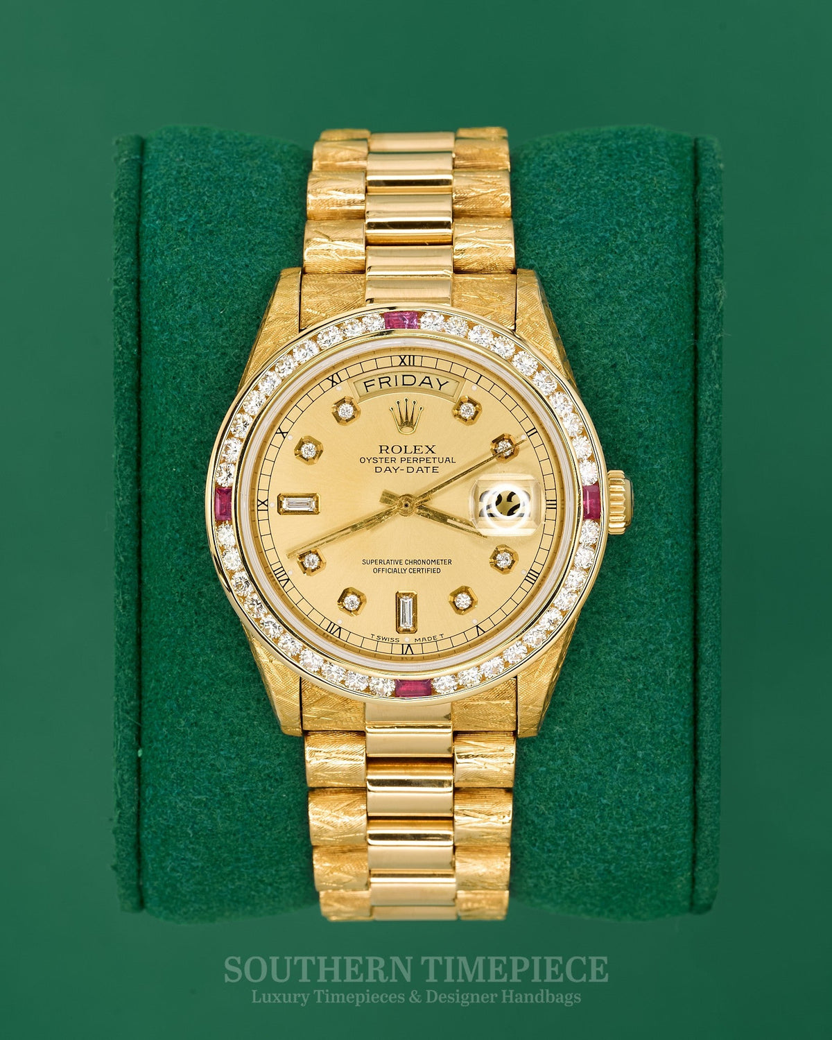 36mm Rolex Day-Date "President" with a Custom Champagne Diamond Dial and Diamond/Ruby Bezel in Solid 18kt Yellow Gold with Florentine Finish