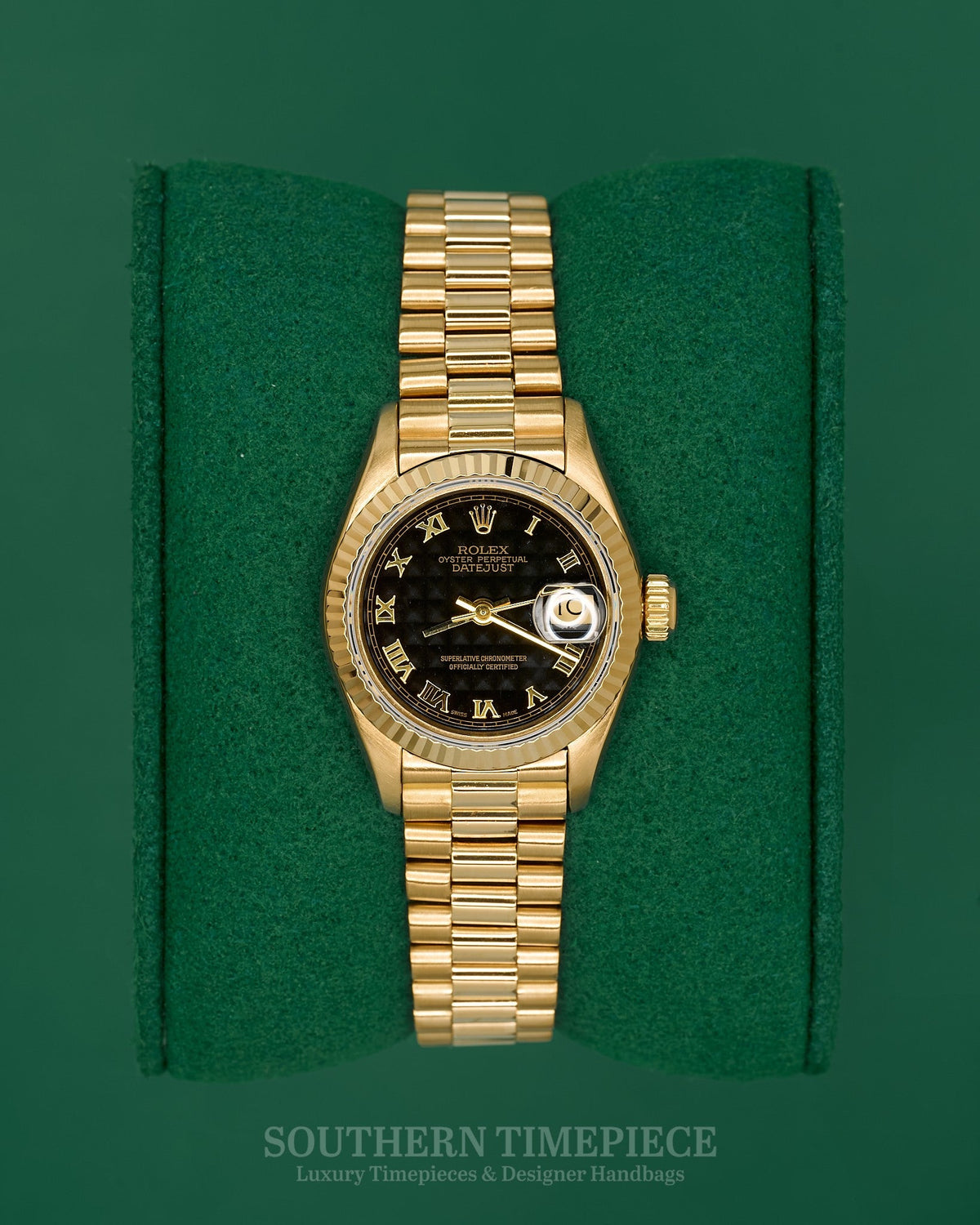 26mm Rolex Datejust "President" with Rare Black Pyramid Dial in Solid 18kt Yellow Gold (Ref: 69178)(Year: 1992)(Box & Papers)