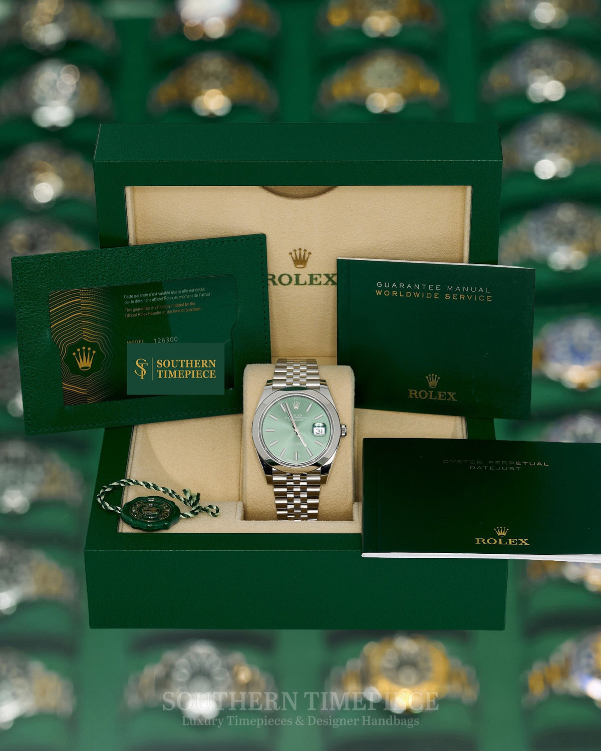 Like New MINT 41mm Rolex Datejust with Mint Green Dial and Smooth Bezel in Stainless Steel on Jubilee (Ref: 126300)(Year: 2025)(Box & Papers)