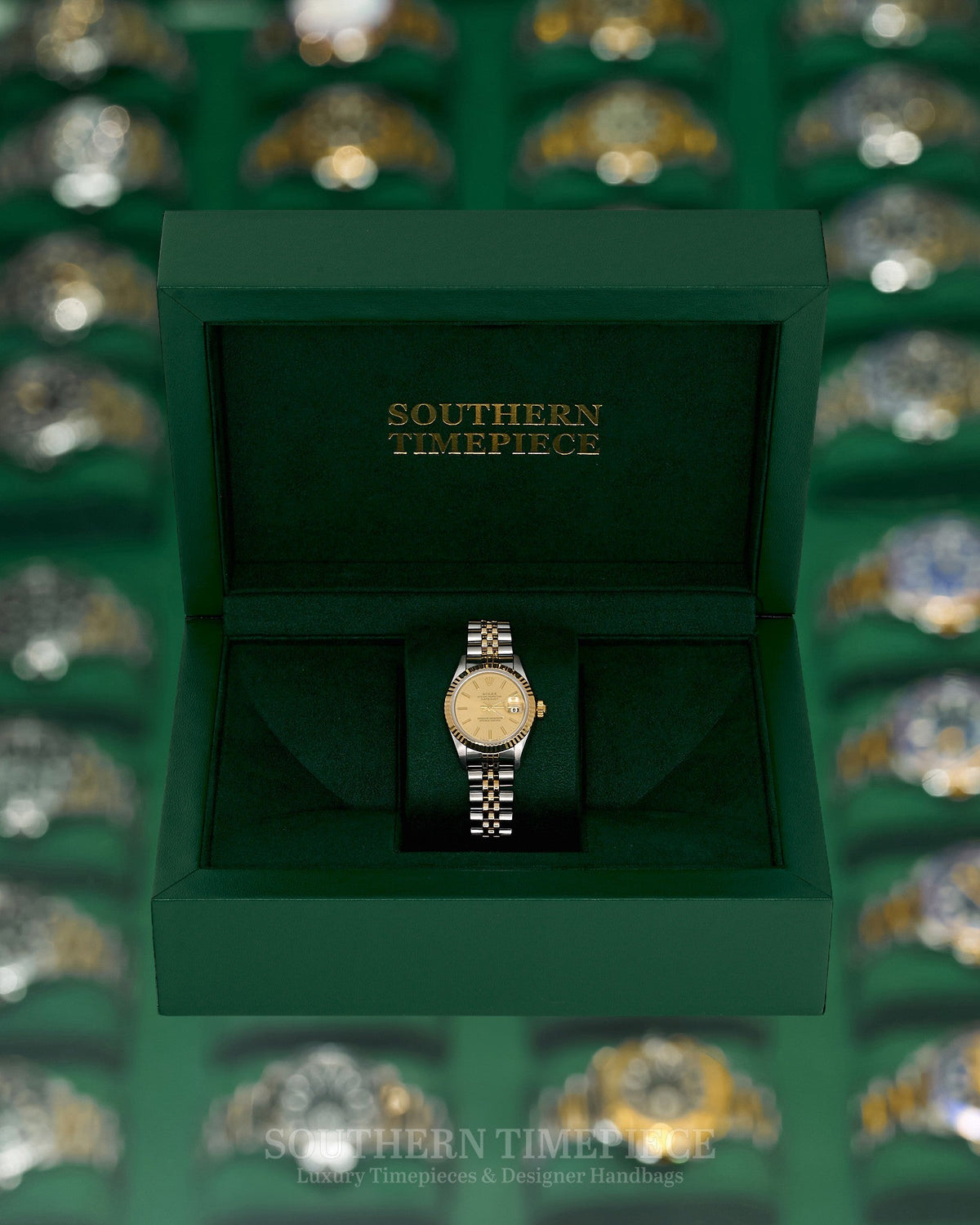 26mm Rolex Datejust with Champagne Stick Dial in 18kt Yellow Gold and Stainless on Jubilee (Ref: 69173)(Year: 1987)