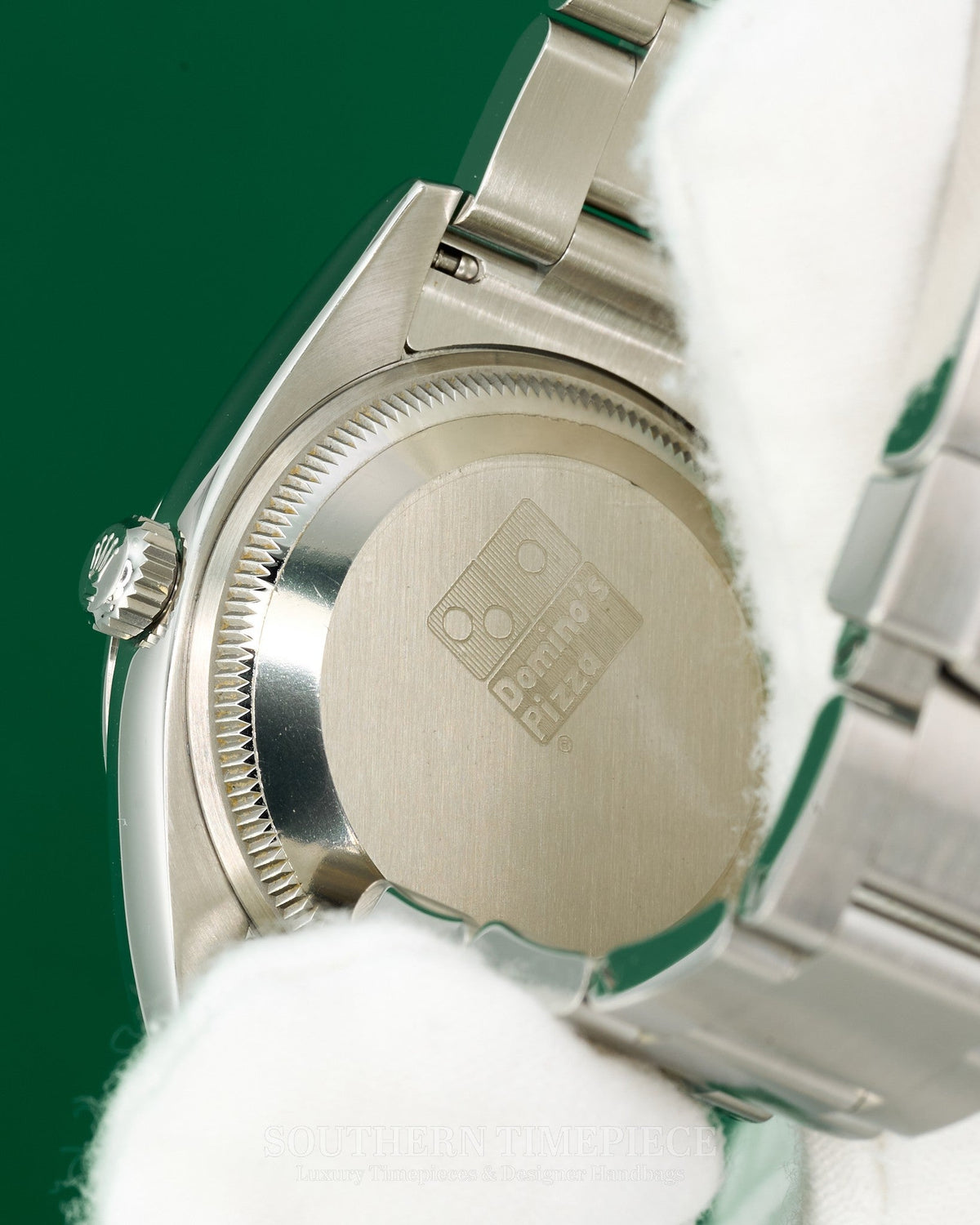34mm Rolex Date "Domino's Pizza" with Silver Arabic Dial in Stainless Steel on Oyster (Ref: 115200)(Year: 2012)(Box & Papers)