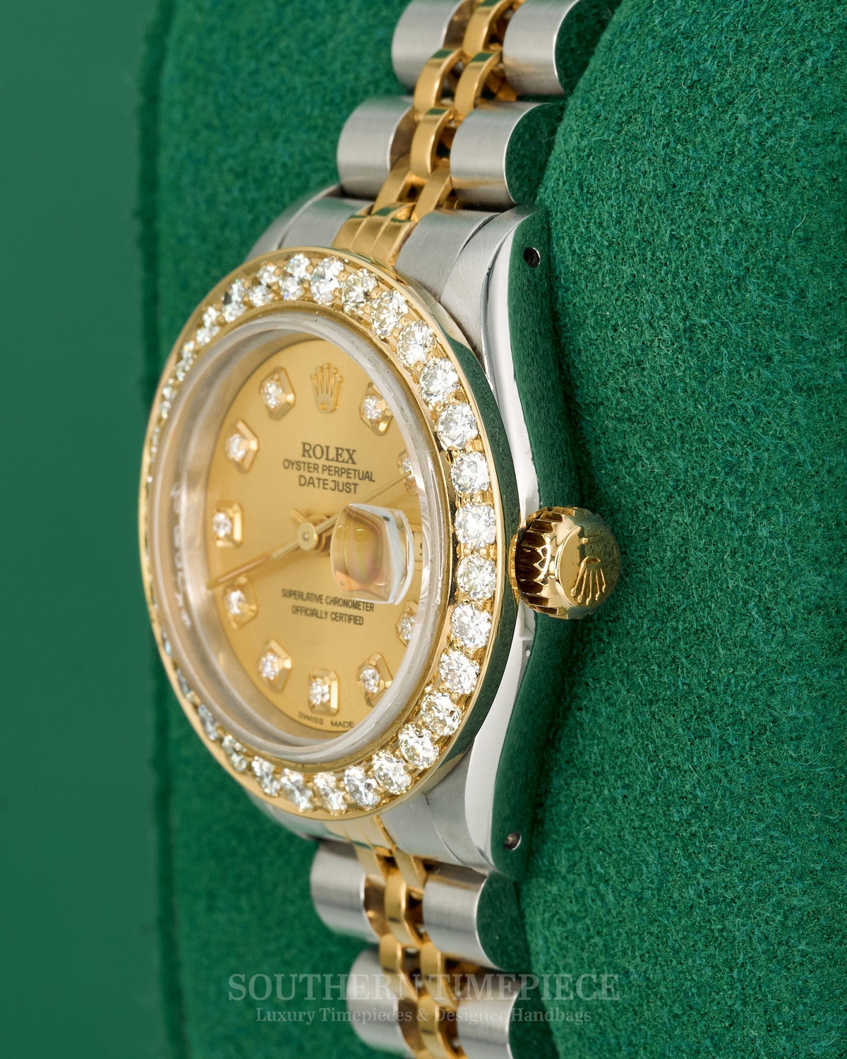 26mm Rolex Datejust with Custom Champagne Diamond Dial and Diamond Bezel in 18kt Yellow Gold and Stainless (Ref: 69173)(Year: 1991)