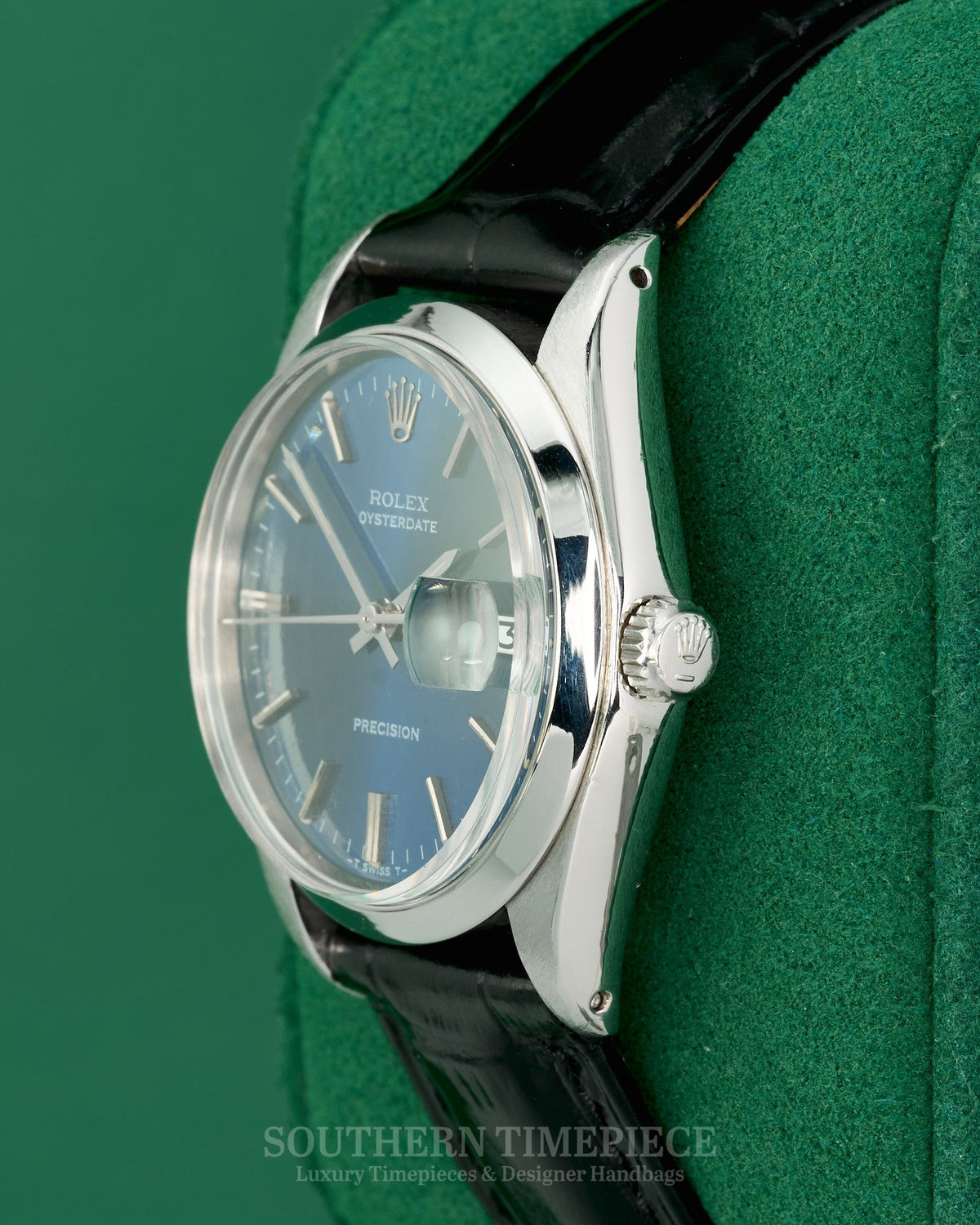 34mm Rolex Oysterdate Precision with Custom Blue Stick Dial on Black Leather (Ref: 6694)(Year: 1971)