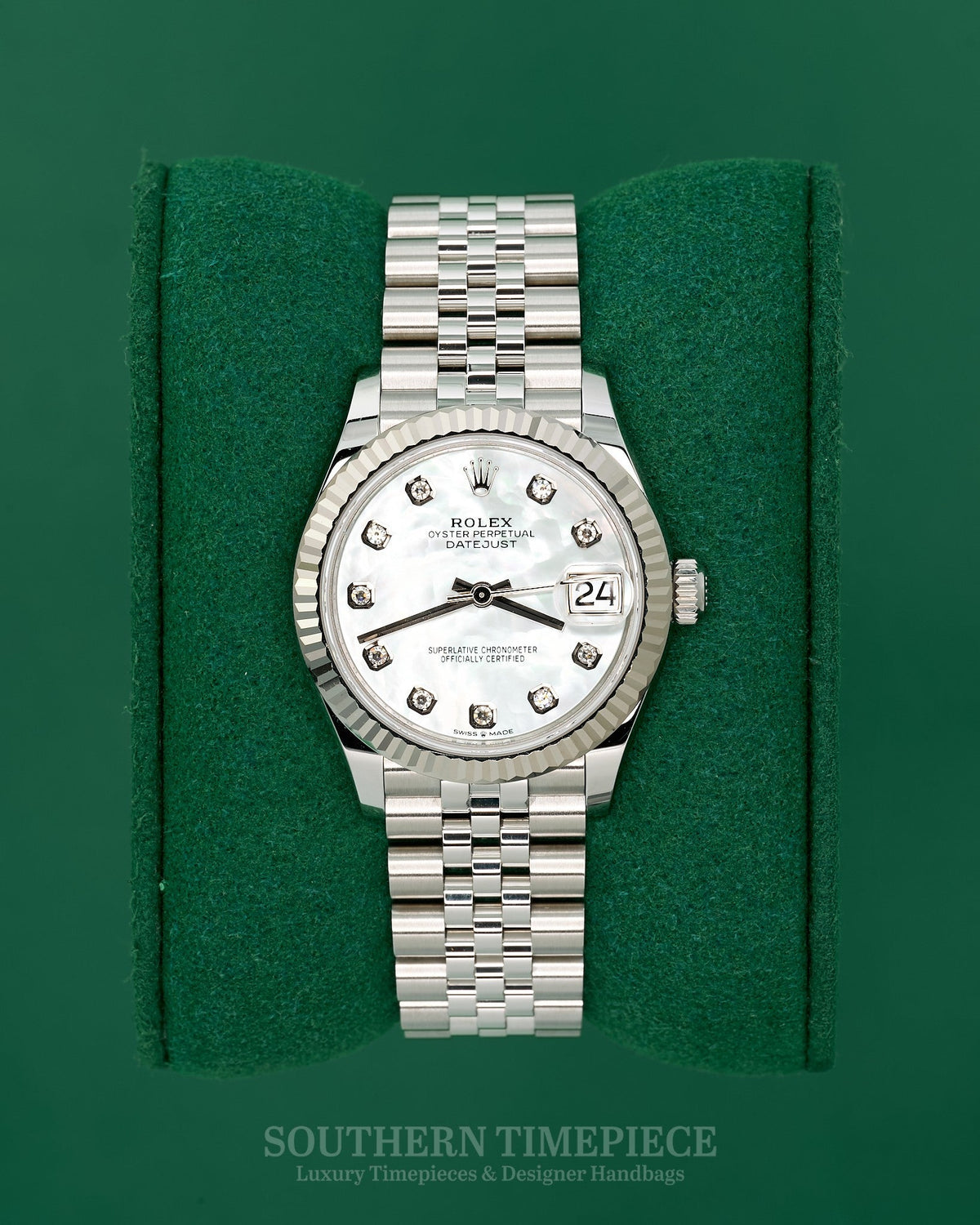 31mm Rolex Datejust with Factory Mother of Pearl Diamond Dial in 18kt White Gold and Oystersteel on Jubilee (Ref: 278274)(Year: 2024)(Box & Papers)