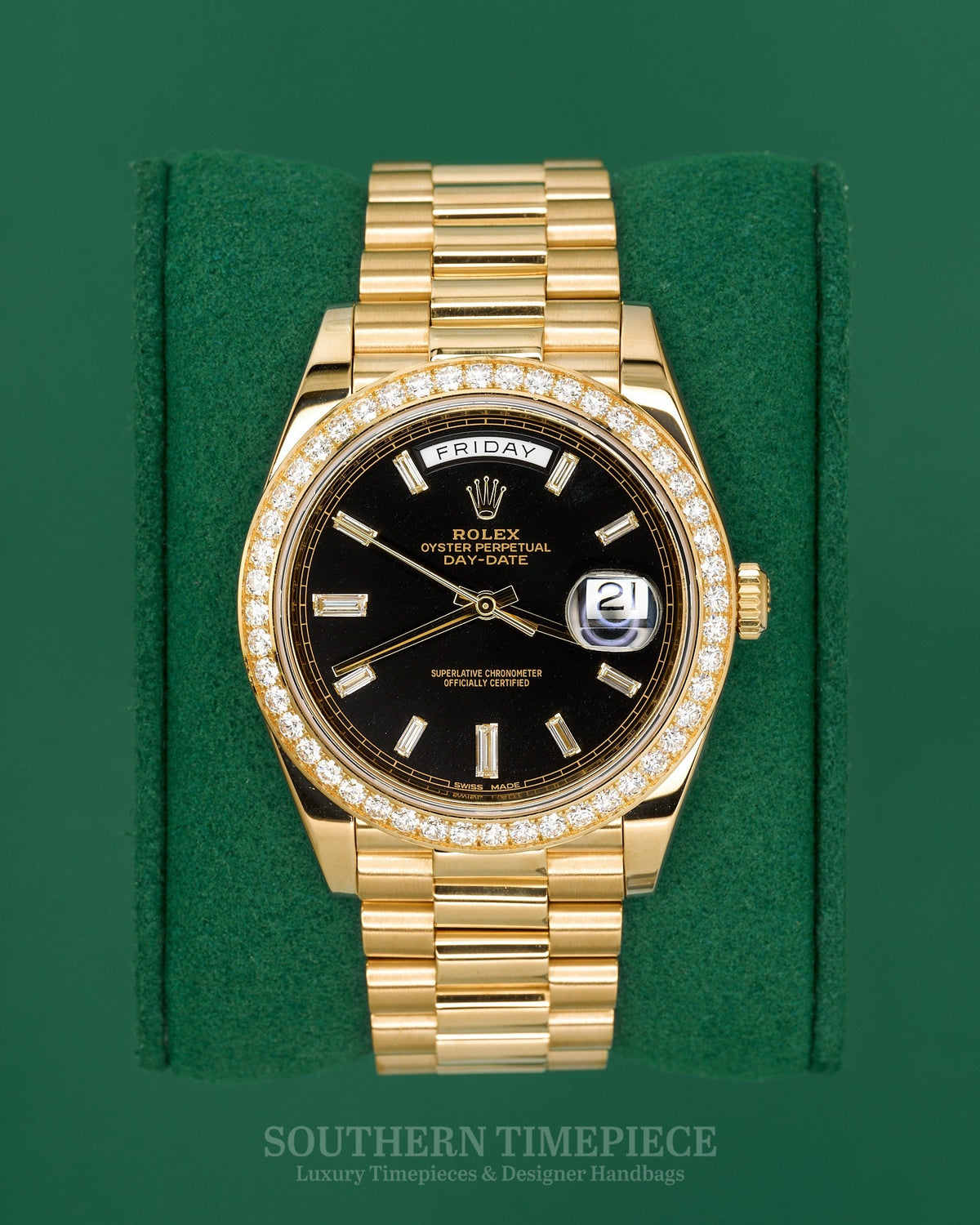40mm Rolex Day-Date "President" with Factory Black Baguette Diamond Dial and Diamond Bezel in Solid 18kt Yellow Gold (Ref: 228348RBR)(Year: 2019)(B&P)