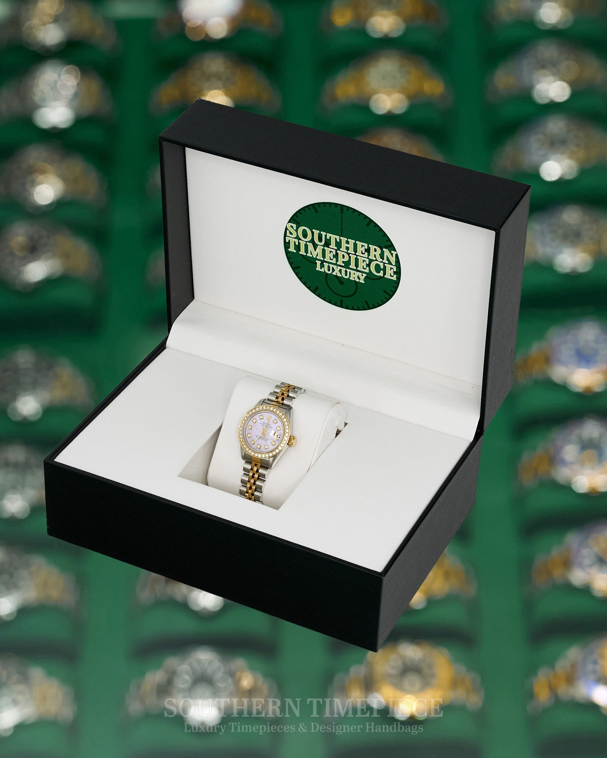 26mm Rolex Datejust with Custom Pink Mother of Pearl Diamond Dial and Diamond Bezel in 18kt Yellow Gold and Stainless (Ref: 69173)(Year: 1987)