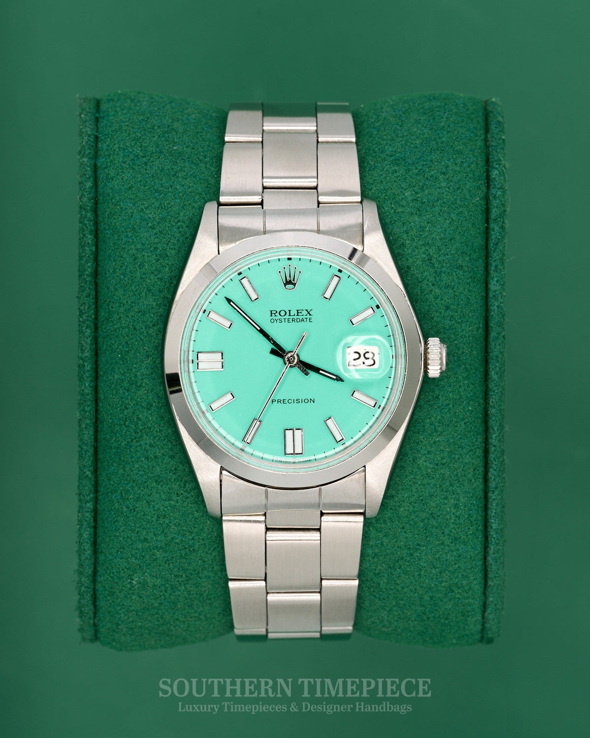 34mm Rolex Oysterdate Precision with Custom Tiffany Blue Stick Dial in Stainless on Riveted Oyster (Ref: 6694)(Year: 1971)