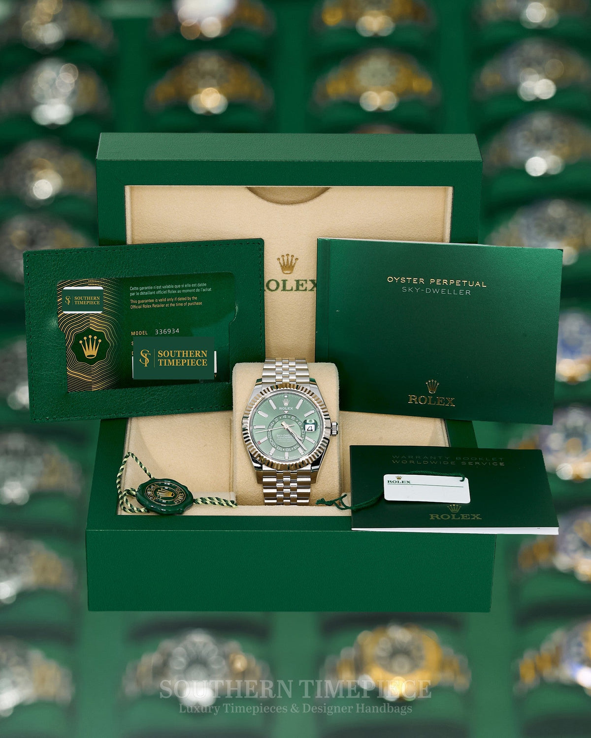 42mm Rolex Sky-Dweller with Mint Green Dial in 18kt White Gold and Oystersteel on Jubilee (Ref: 336934)(Year: 2024)(Box & Papers)