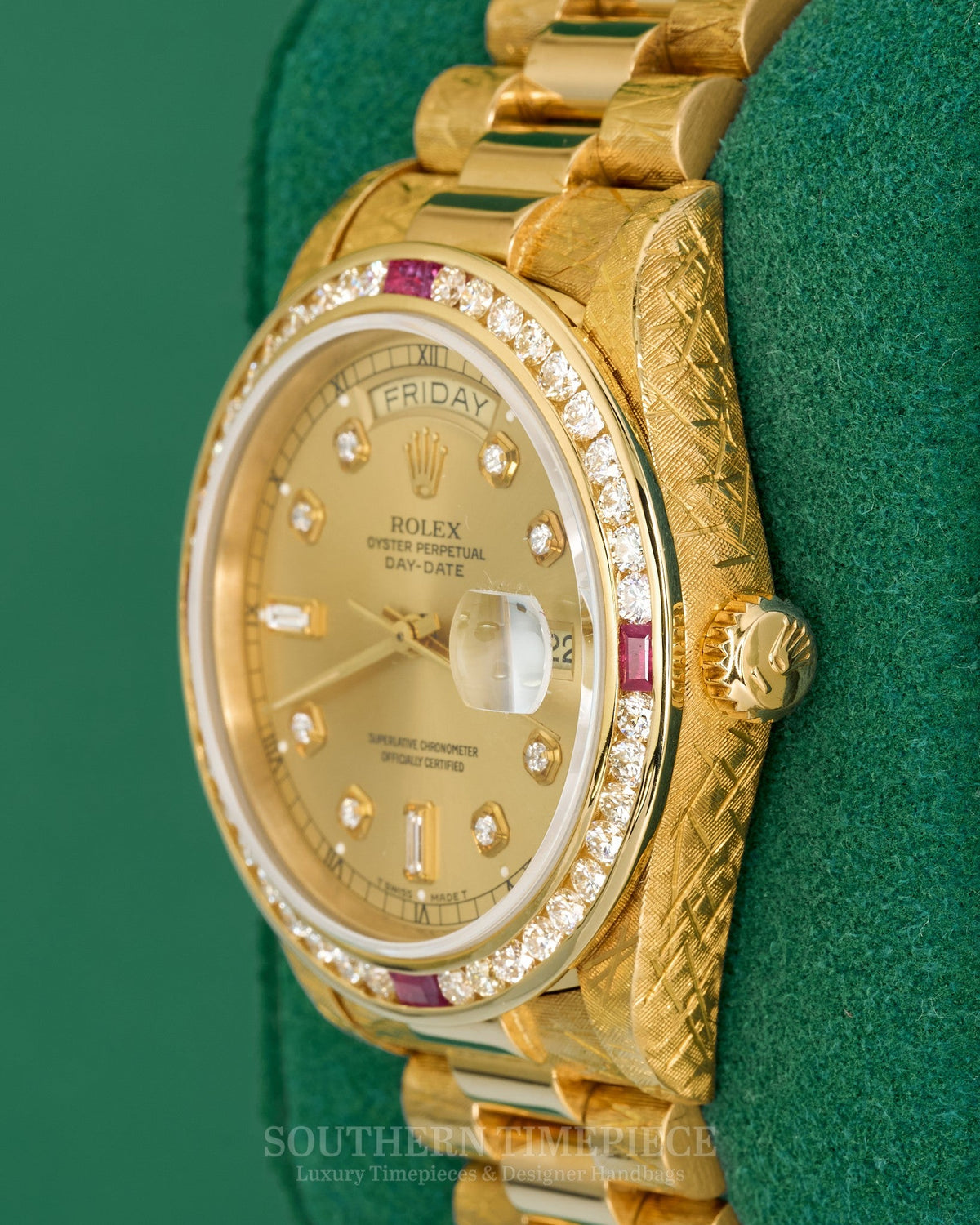 36mm Rolex Day-Date "President" with a Custom Champagne Diamond Dial and Diamond/Ruby Bezel in Solid 18kt Yellow Gold with Florentine Finish