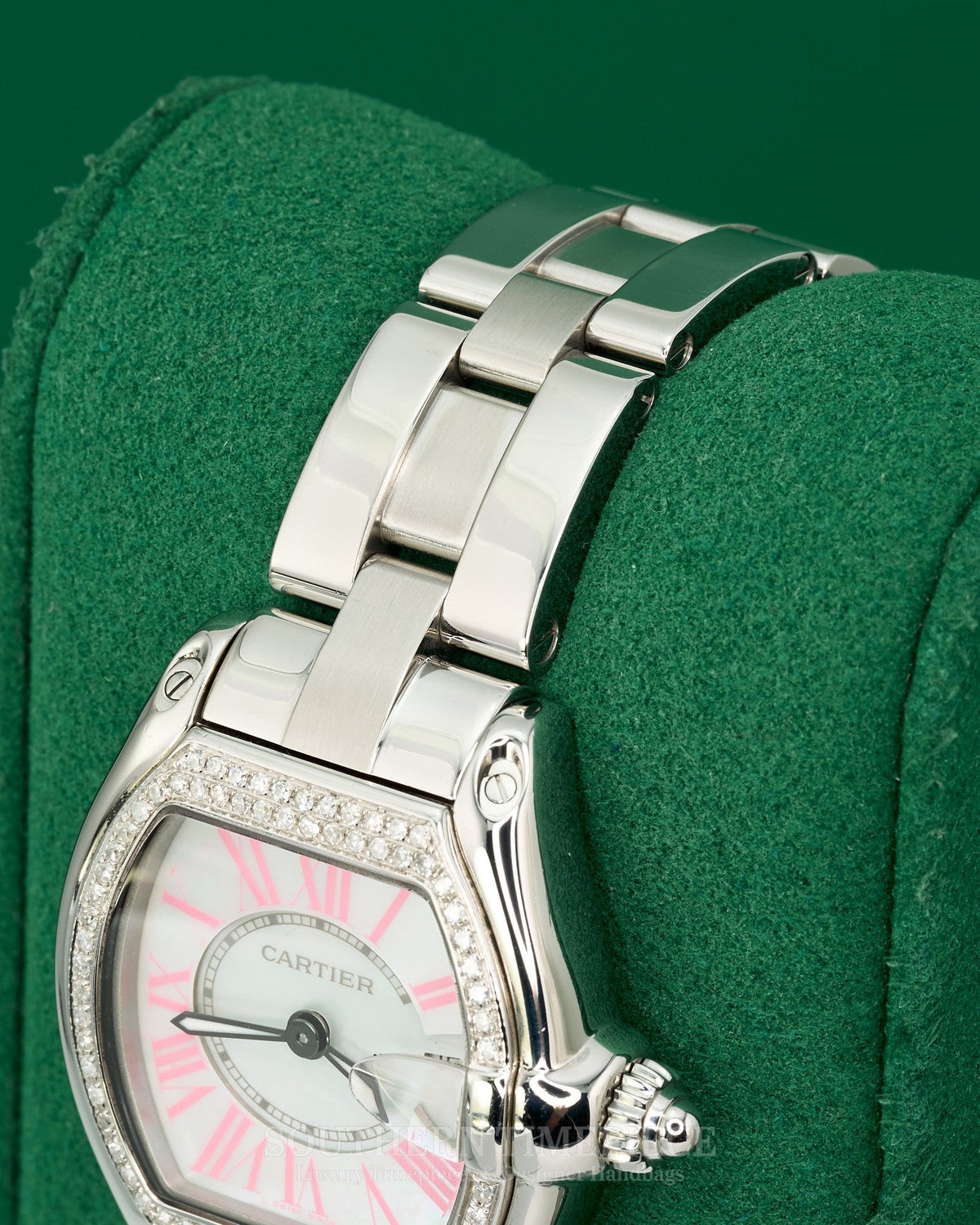 32mm Cartier Roadster with Rare Mother of Pearl Dial with Pink Romans in Stainless Steel with Custom Diamonds (Ref: W62016V3)(Year: 2000's-2010's)