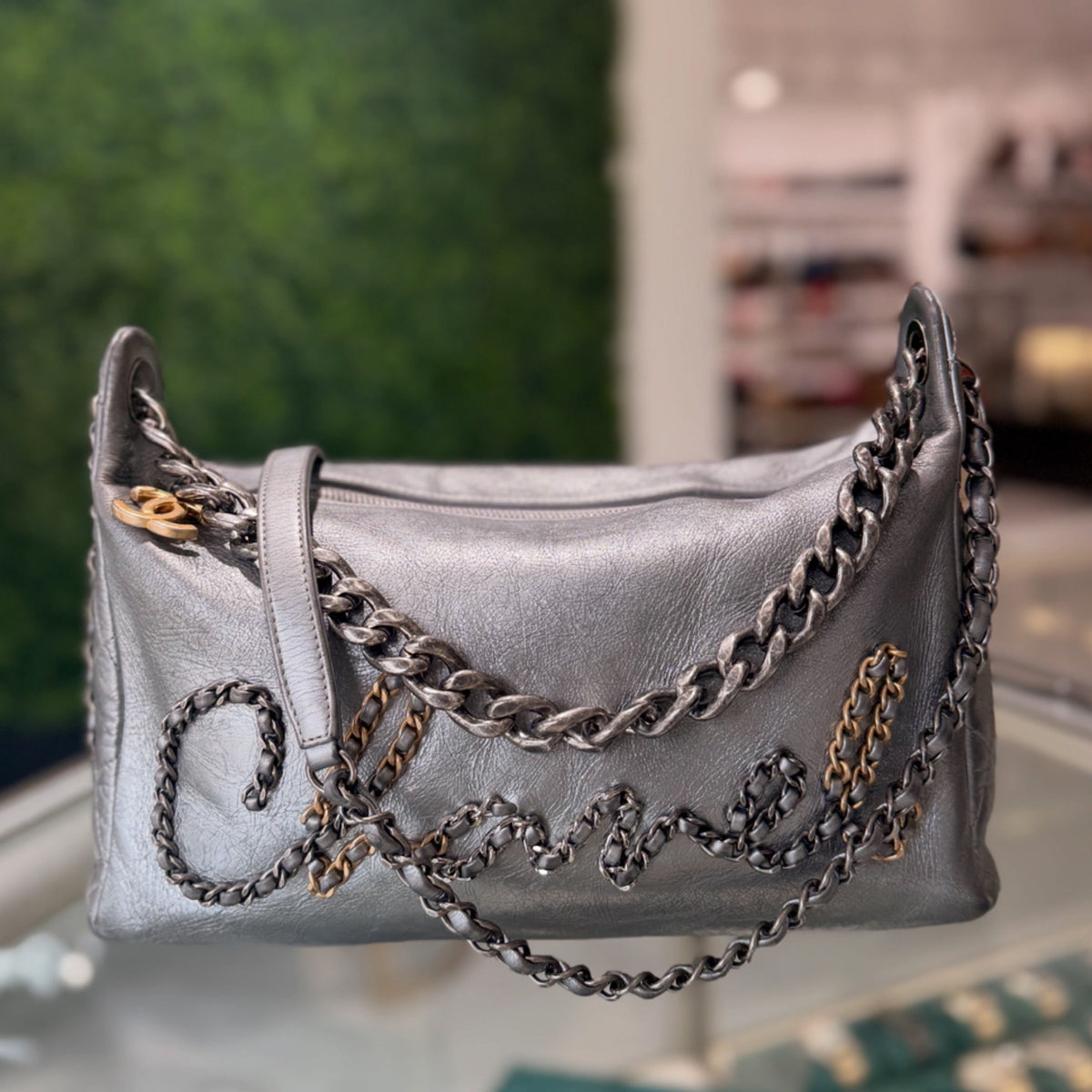 Chanel Written In Chain Hobo Bag - Silver Metallic Leather (2019)