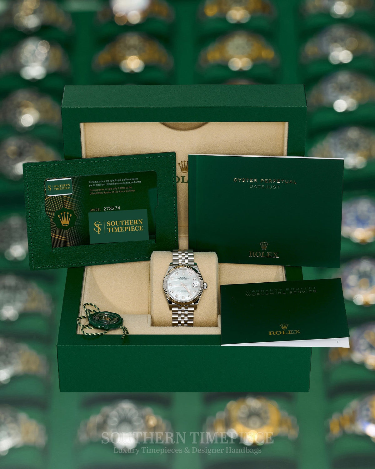 31mm Rolex Datejust with Factory Mother of Pearl Diamond Dial in 18kt White Gold and Oystersteel on Jubilee (Ref: 278274)(Year: 2024)(Box & Papers)