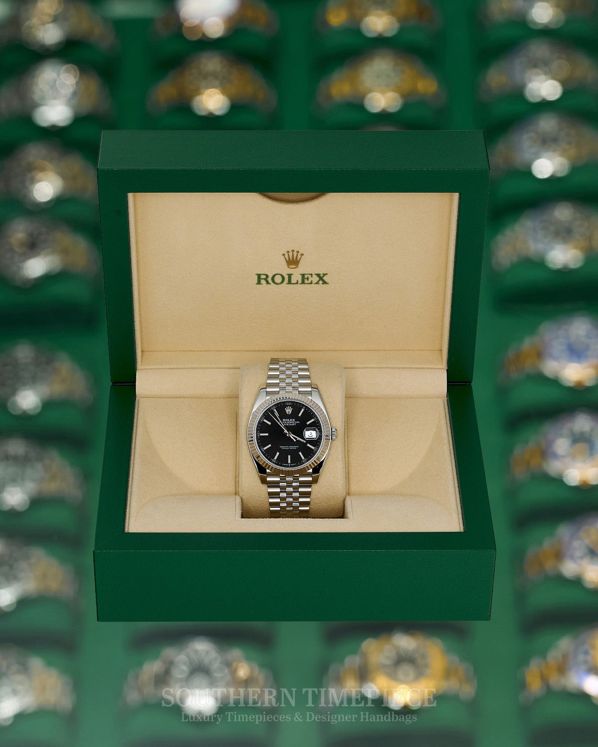 41mm Rolex Datejust with Black Stick Dial in 18kt White Gold and Oystersteel on Jubilee (Ref: 126334)(Year: 2019+)(Box & Appraisal)