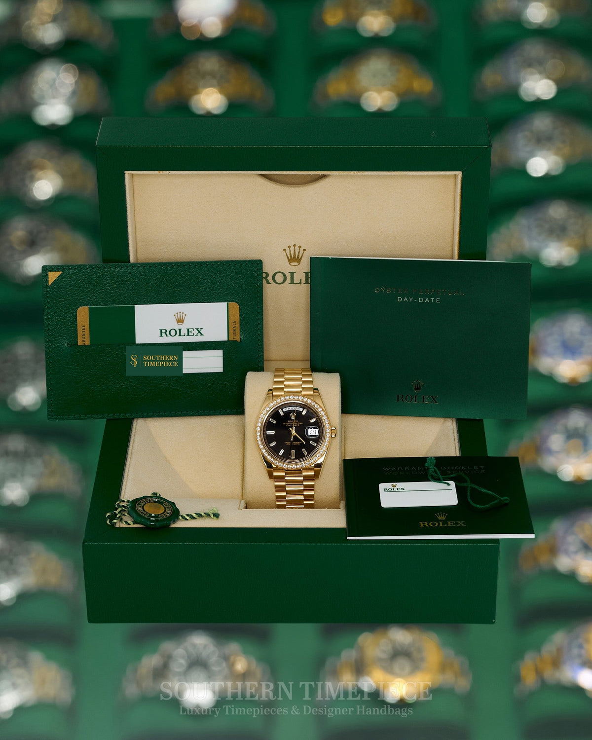 40mm Rolex Day-Date "President" with Factory Black Baguette Diamond Dial and Diamond Bezel in Solid 18kt Yellow Gold (Ref: 228348RBR)(Year: 2019)(B&P)