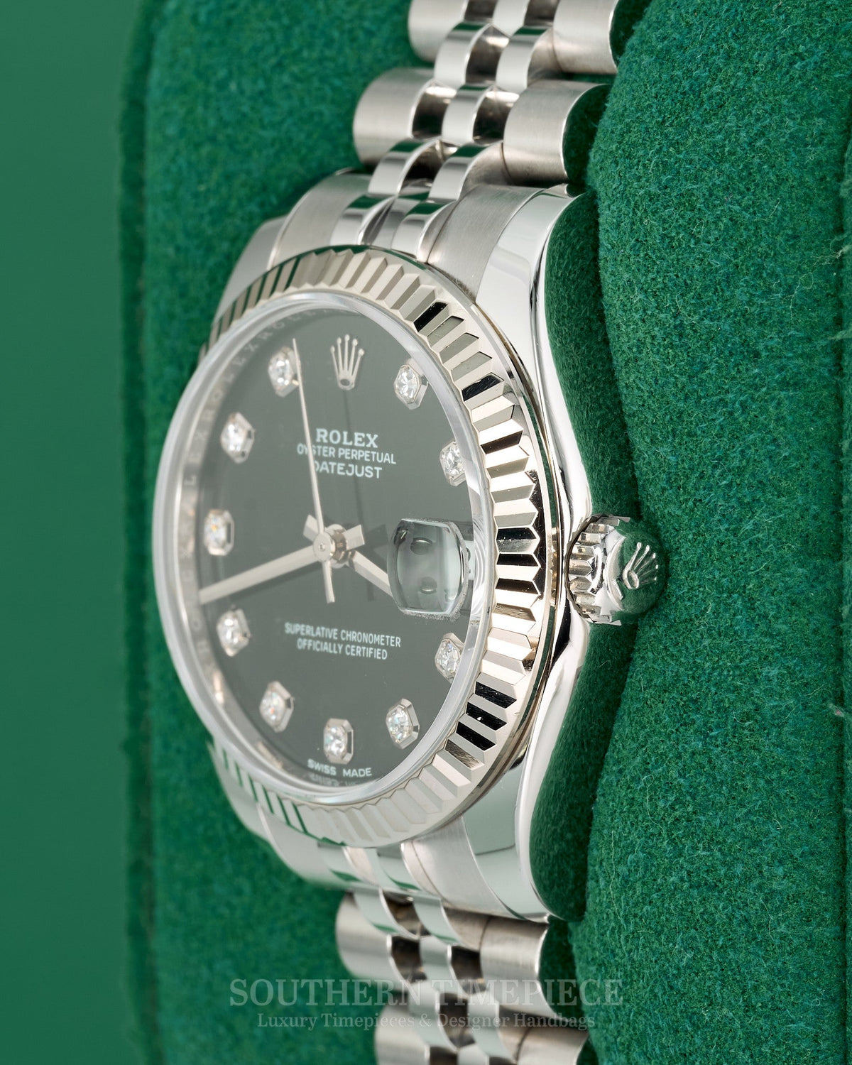 31mm Rolex Datejust with Factory Black Diamond Dial in 18kt White Gold & Oystersteel on Jubilee (Ref: 178274)(Year: 2019)(Box & Papers)
