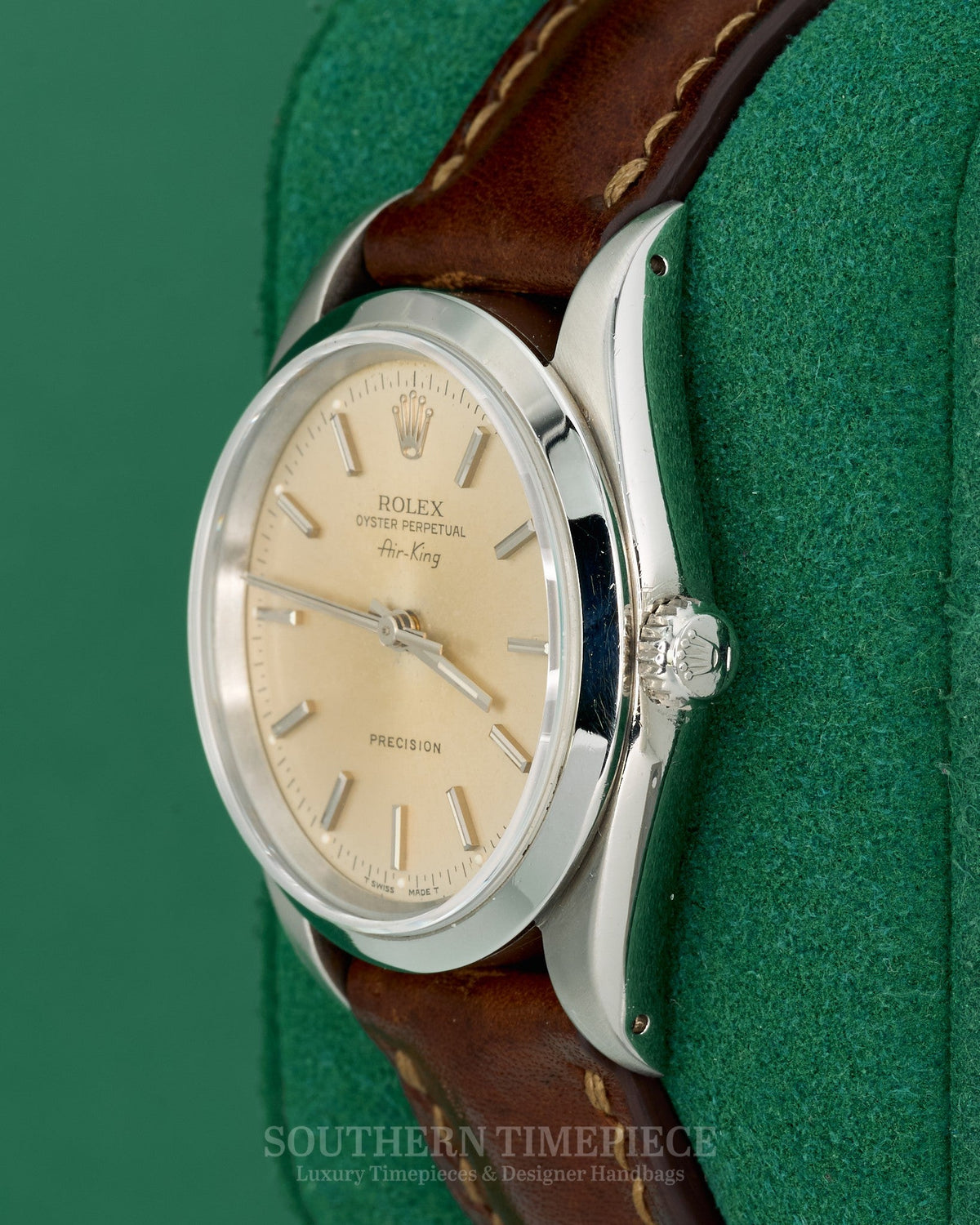 34mm Rolex Air-King with Silver Stick Dial in Stainless Steel on Brown Leather (Ref: 14000)(Year: 1991)