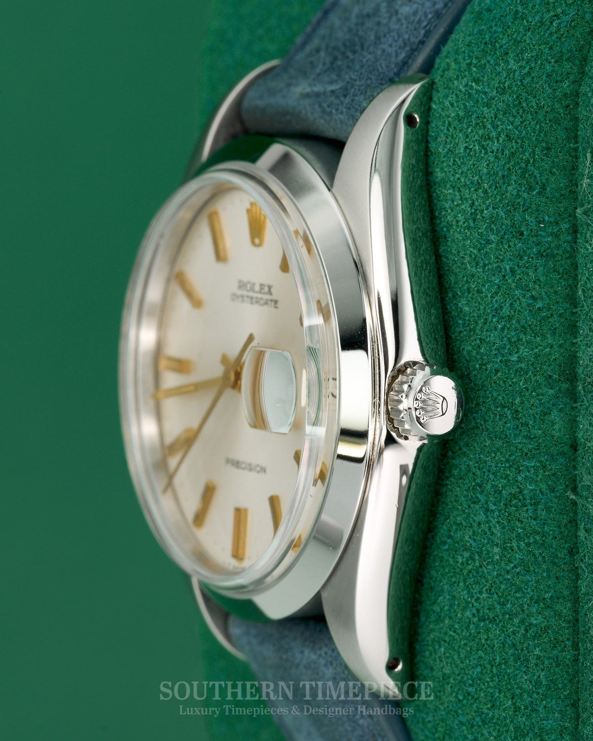 34mm Rolex Oysterdate Precision with Silver Stick Dial on Custom Blue Leather Strap (Ref: 6694)(Year: 1975)