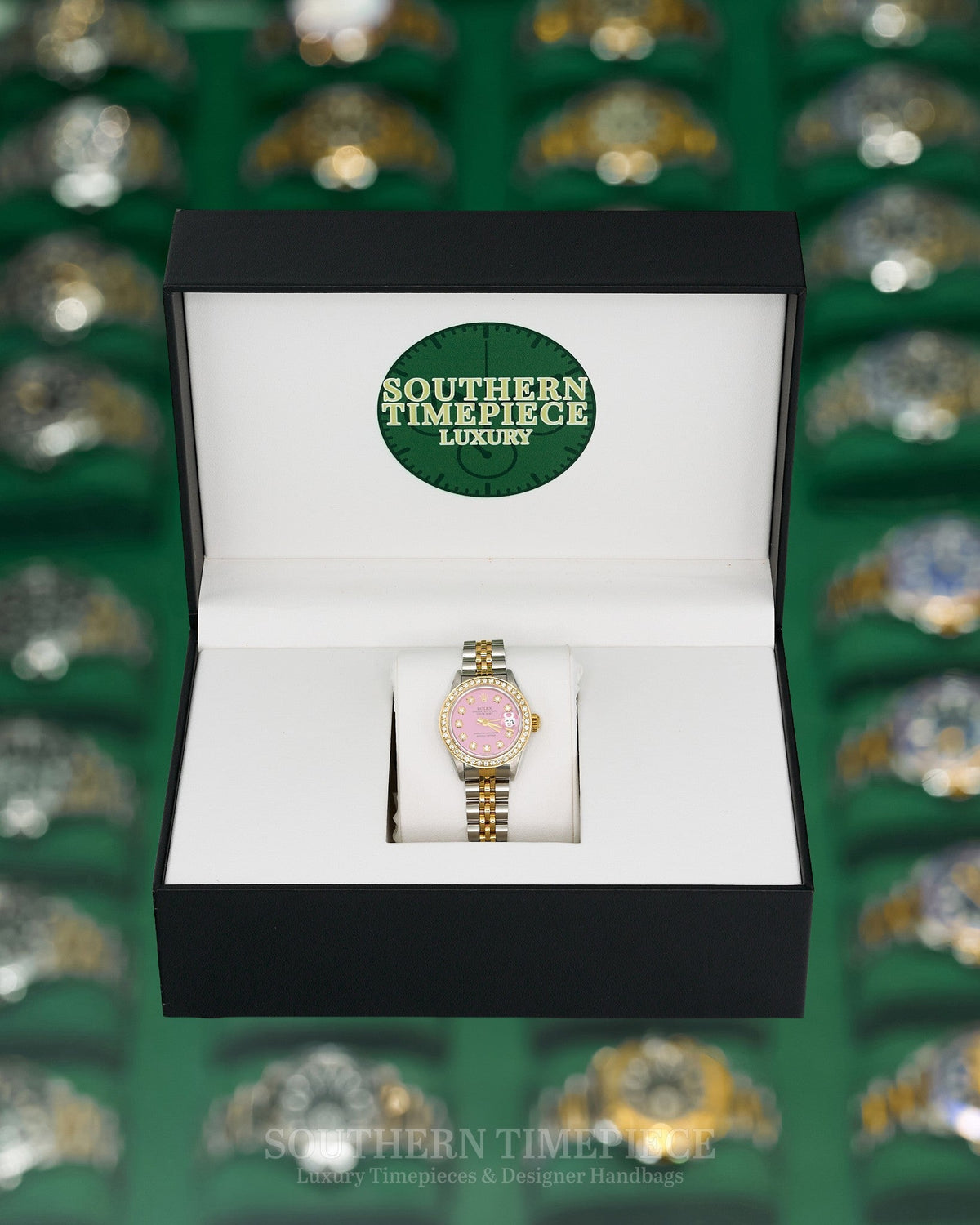 26mm Rolex Datejust with Custom Barbie Pink Diamond Dial and Diamond Bezel in 18kt Yellow Gold and Stainless (Ref: 69173)(Year: 1984)