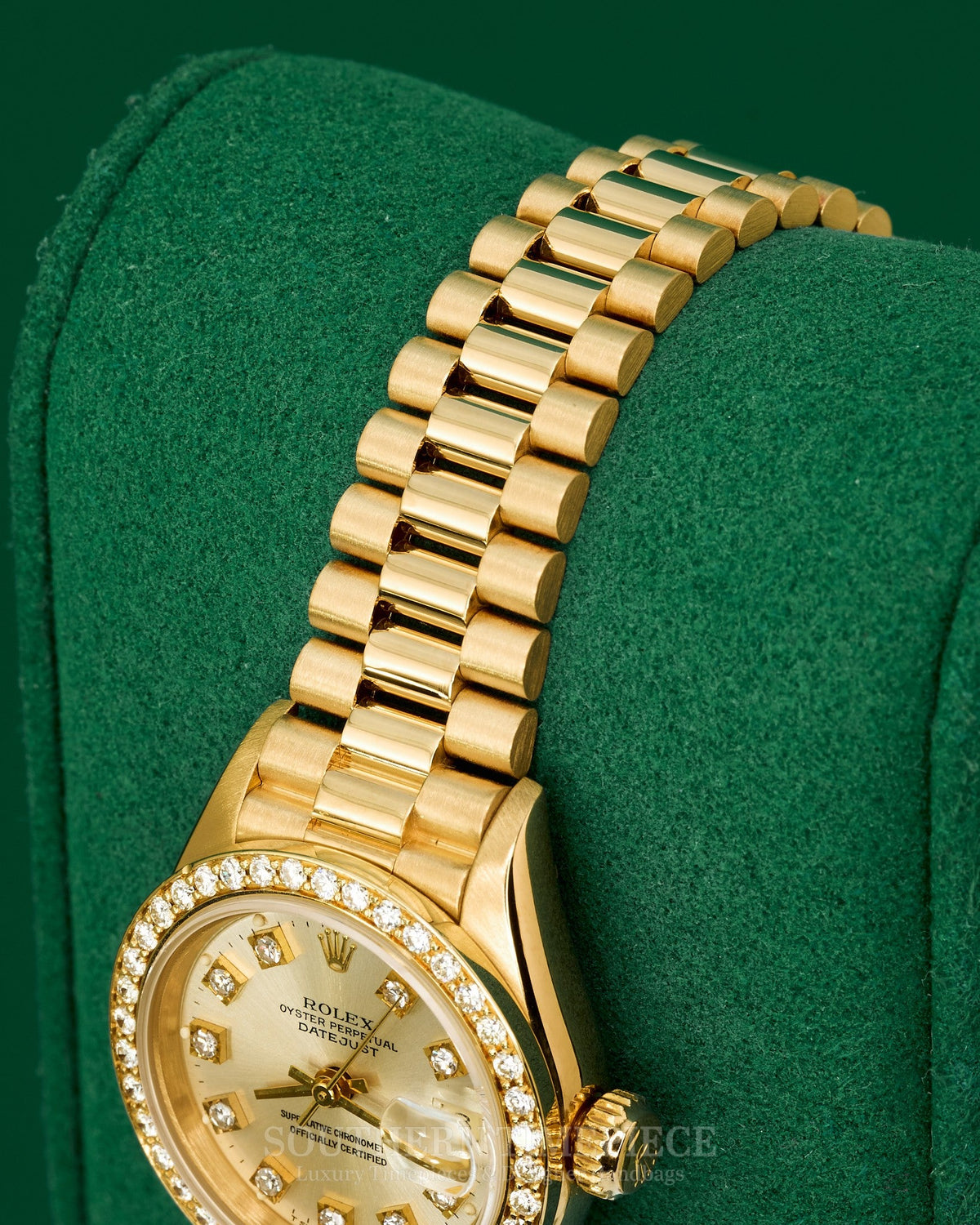 26mm Rolex Datejust "President" with Factory Red Vignette Diamond Dial and Diamond Bezel in Solid 18kt Yellow Gold (Ref: 69258)(Year: 1988)