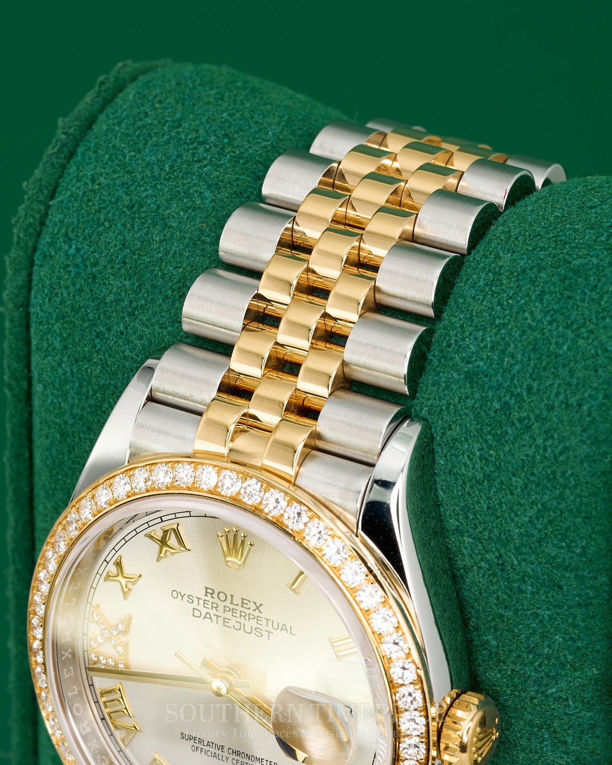 36mm Rolex Datejust with Factory Silver Diamond Dial and Diamond Bezel in 18kt Yellow Gold and Stainless on Jubilee (Ref: 126283RBR)