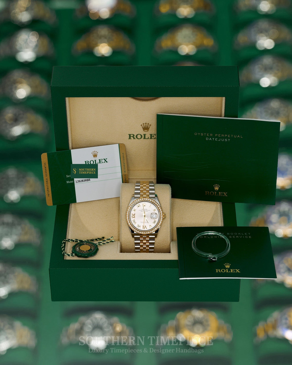 36mm Rolex Datejust with Factory Silver Diamond Dial and Diamond Bezel in 18kt Yellow Gold and Stainless on Jubilee (Ref: 126283RBR)