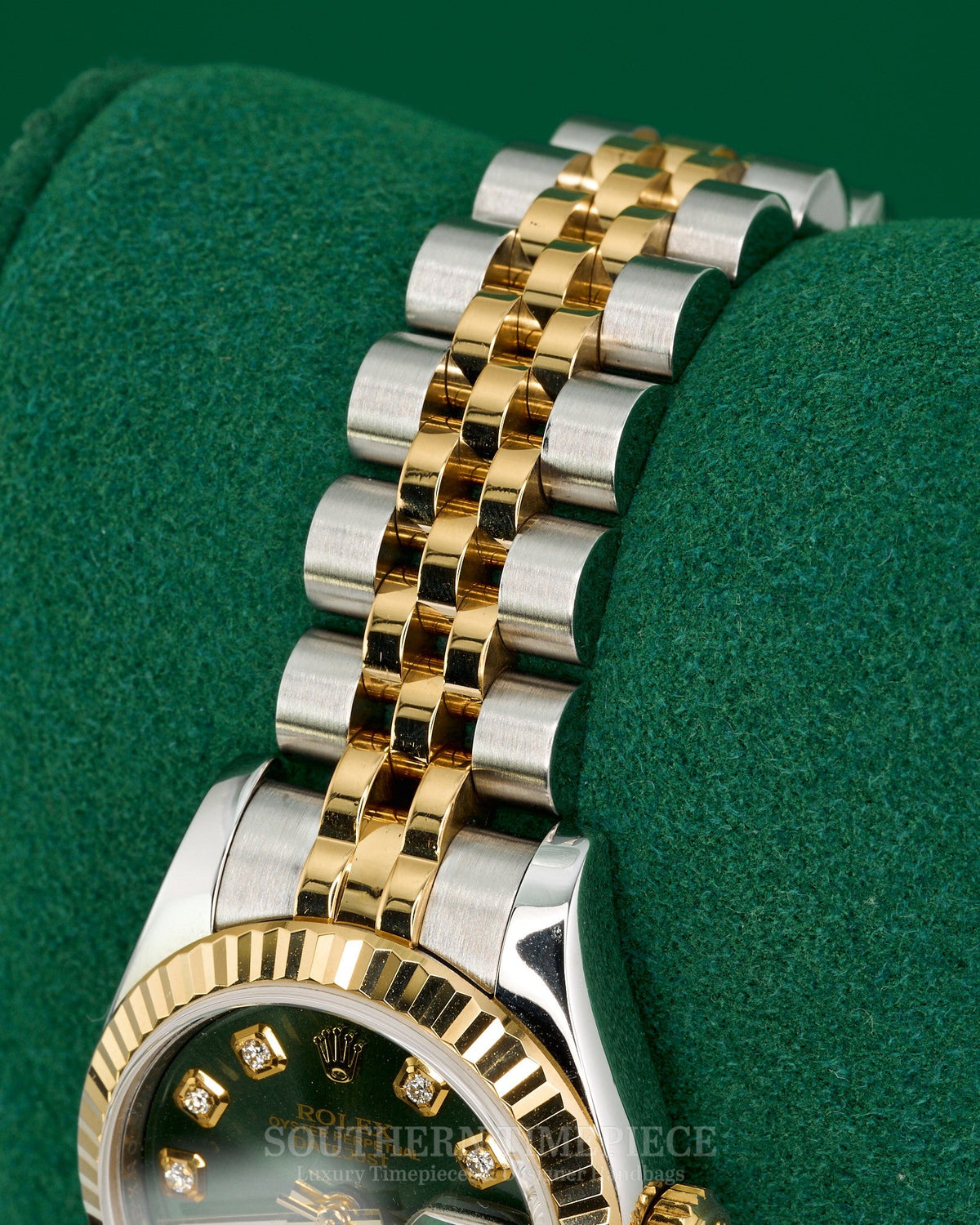26mm Rolex Datejust with a Custom Green Diamond Dial in 18kt Yellow Gold and Stainless on Jubilee (Ref: 179173)(Year: 2009)