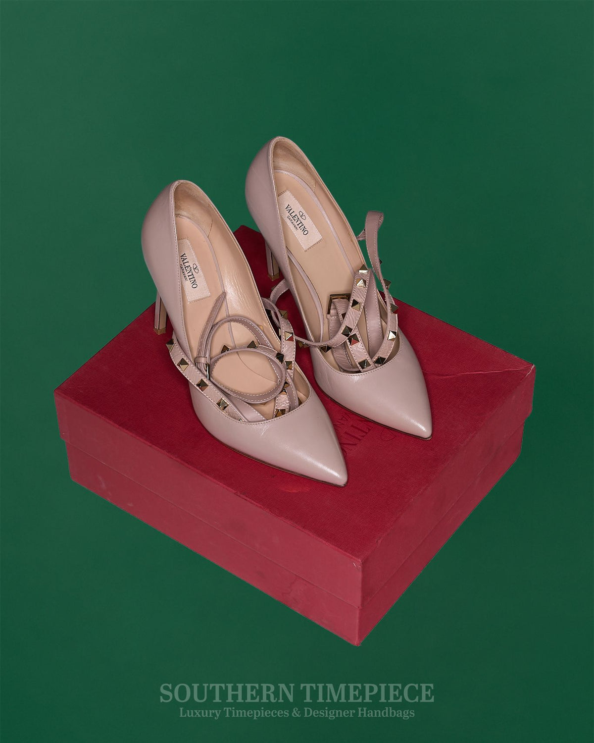 Valentino Garavino Rockstud Ankle Strap Pumps - Beige Leather (Size 40.5)