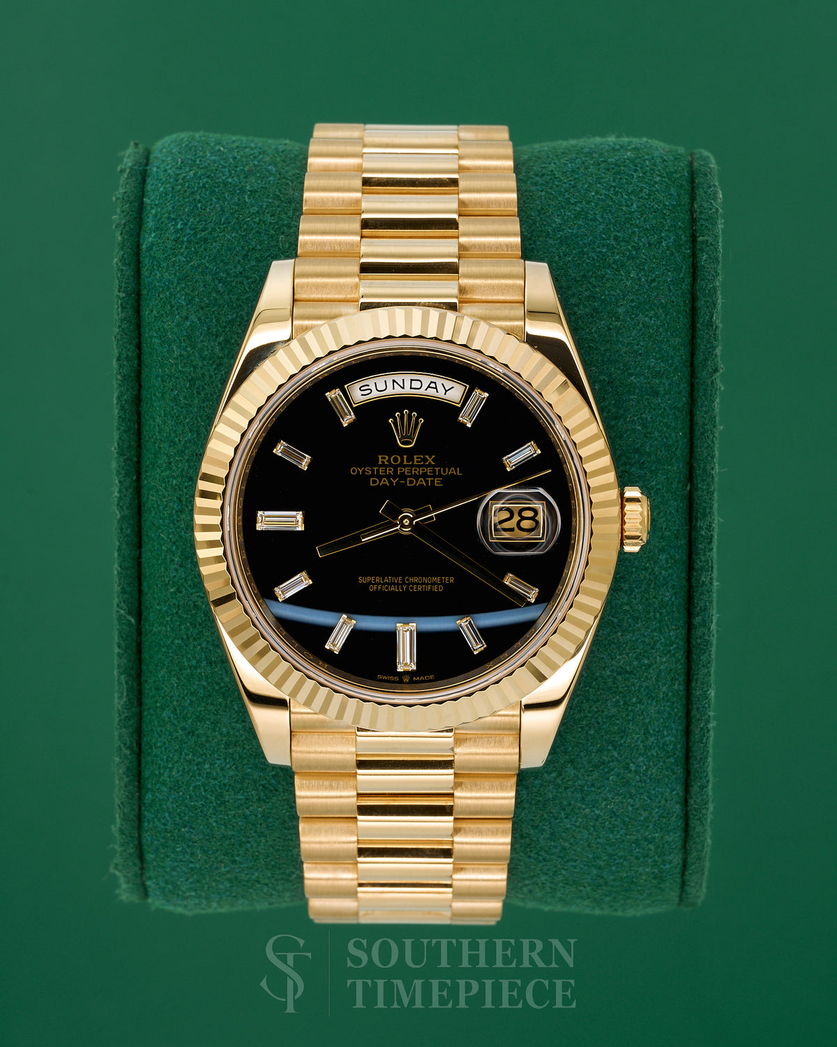 40mm Rolex Day-Date "President" with Rare Black Onyx Baguette Diamond Dial in Solid 18kt Yellow Gold (Ref: 228238)(Year: 2023)(Box & Papers)