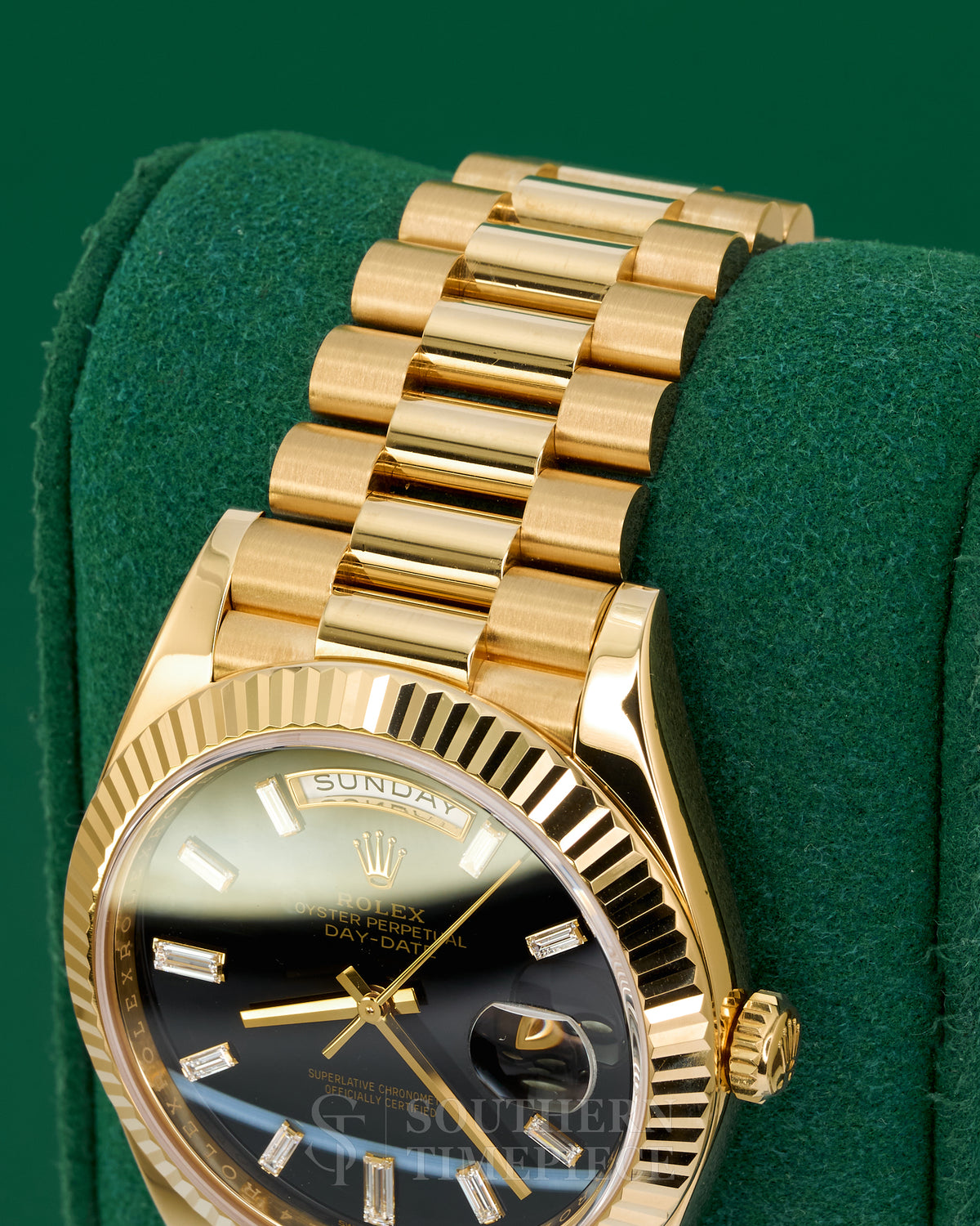 40mm Rolex Day-Date "President" with Rare Black Onyx Baguette Diamond Dial in Solid 18kt Yellow Gold (Ref: 228238)(Year: 2023)(Box & Papers)