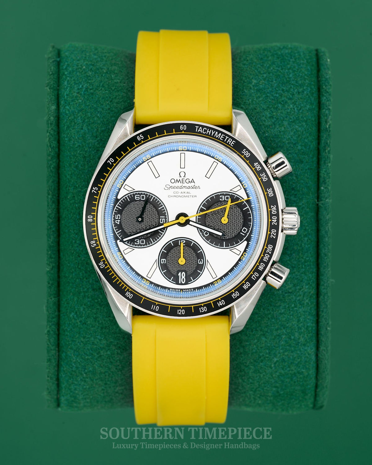 40mm Omega Speedmaster Racing Chronograph with White Dial and Yellow Accents on Yellow Rubber (Ref: 326.32.40.50.04.001)(Year: ~2012-2020)