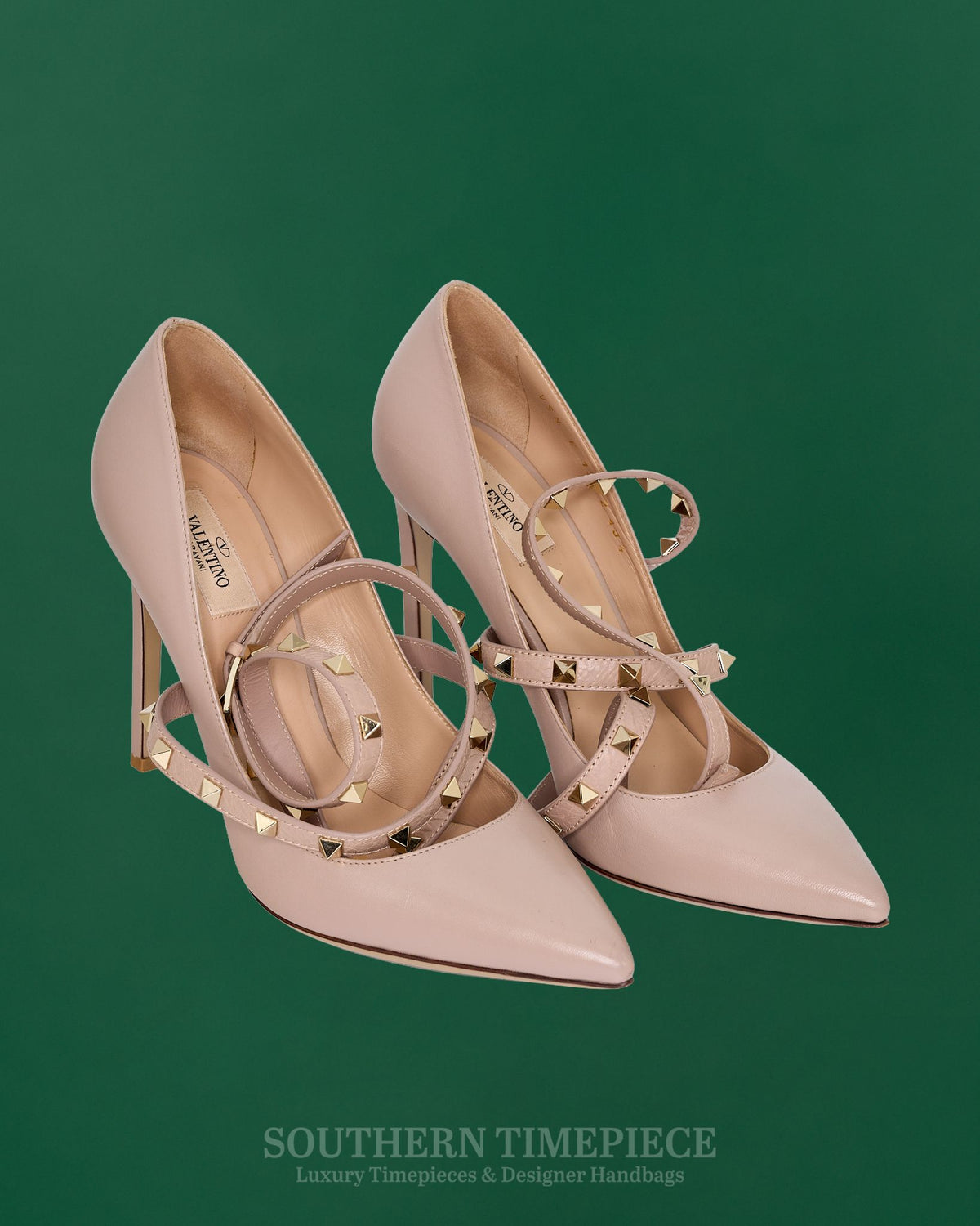 Valentino Garavino Rockstud Ankle Strap Pumps - Beige Leather (Size 40.5)