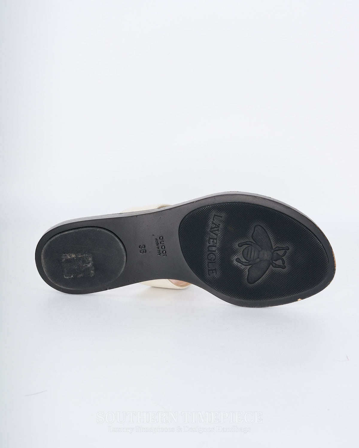 Gucci GG Marmont Thong Sandals - Mystic White Calfskin (Size 36)