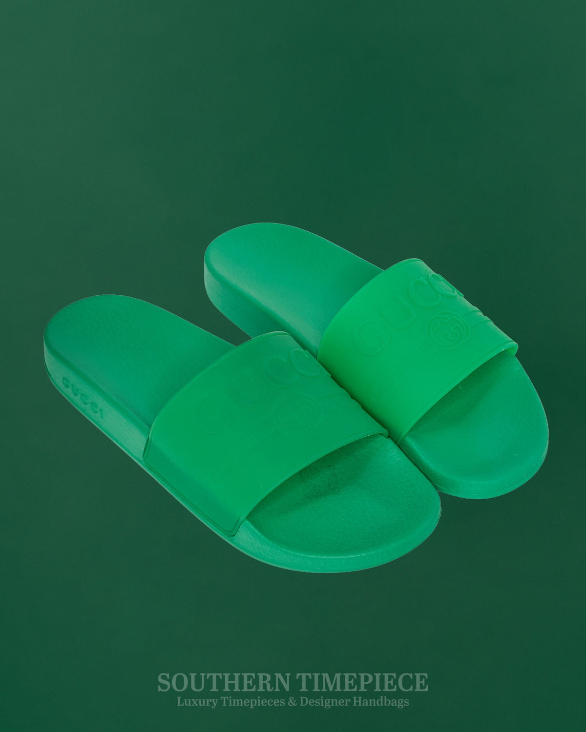 Gucci Logo Embossed Slides - Green Rubber (Size 8)